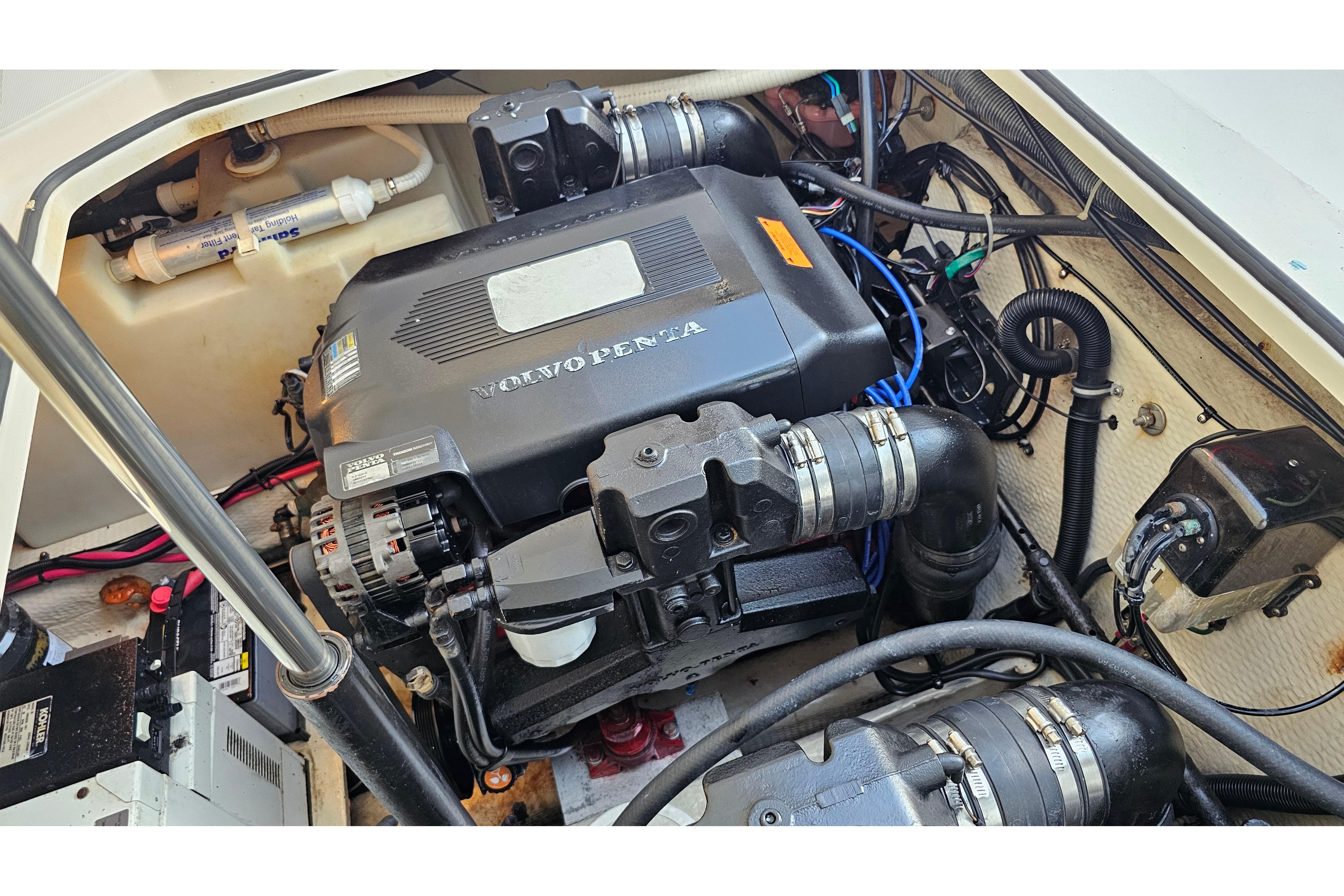 Engine compartment of a 2005 Regal 3060 Window Express boat with Volvo Penta engine.