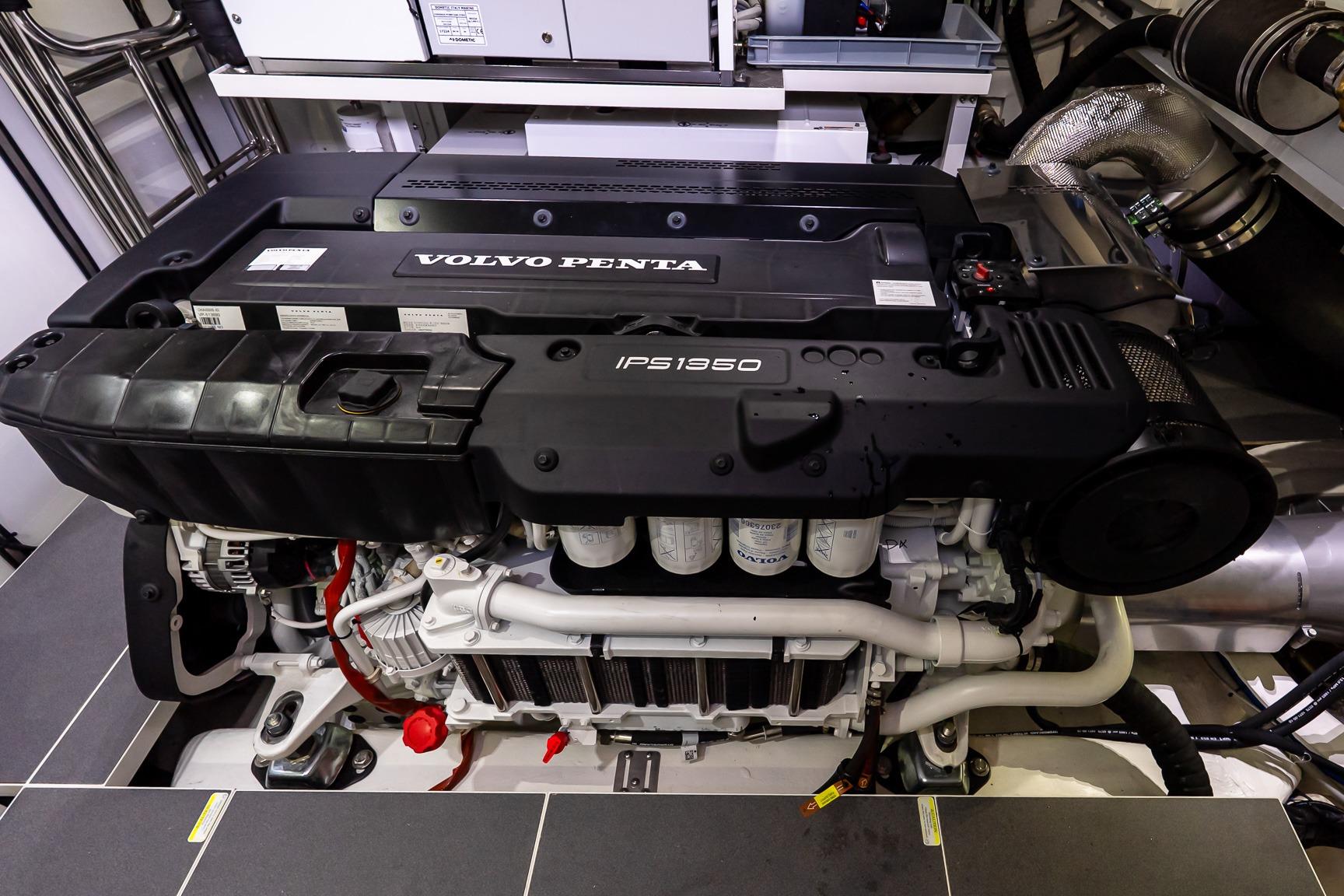 Engine room of Absolute NAVETTA 70 yacht, featuring Volvo Penta IPS1350 engine.