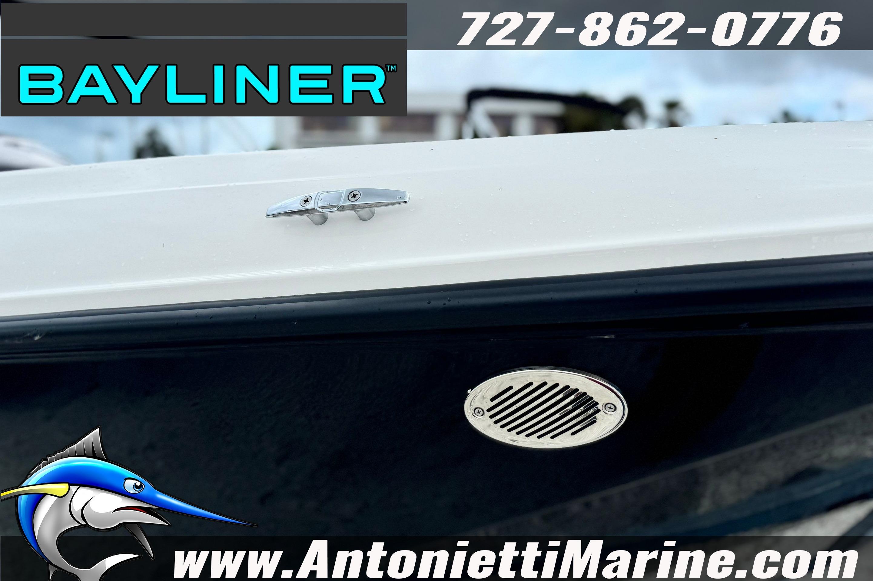 Bayliner Element E16 boat detail with logo and contact information, 2026 model.