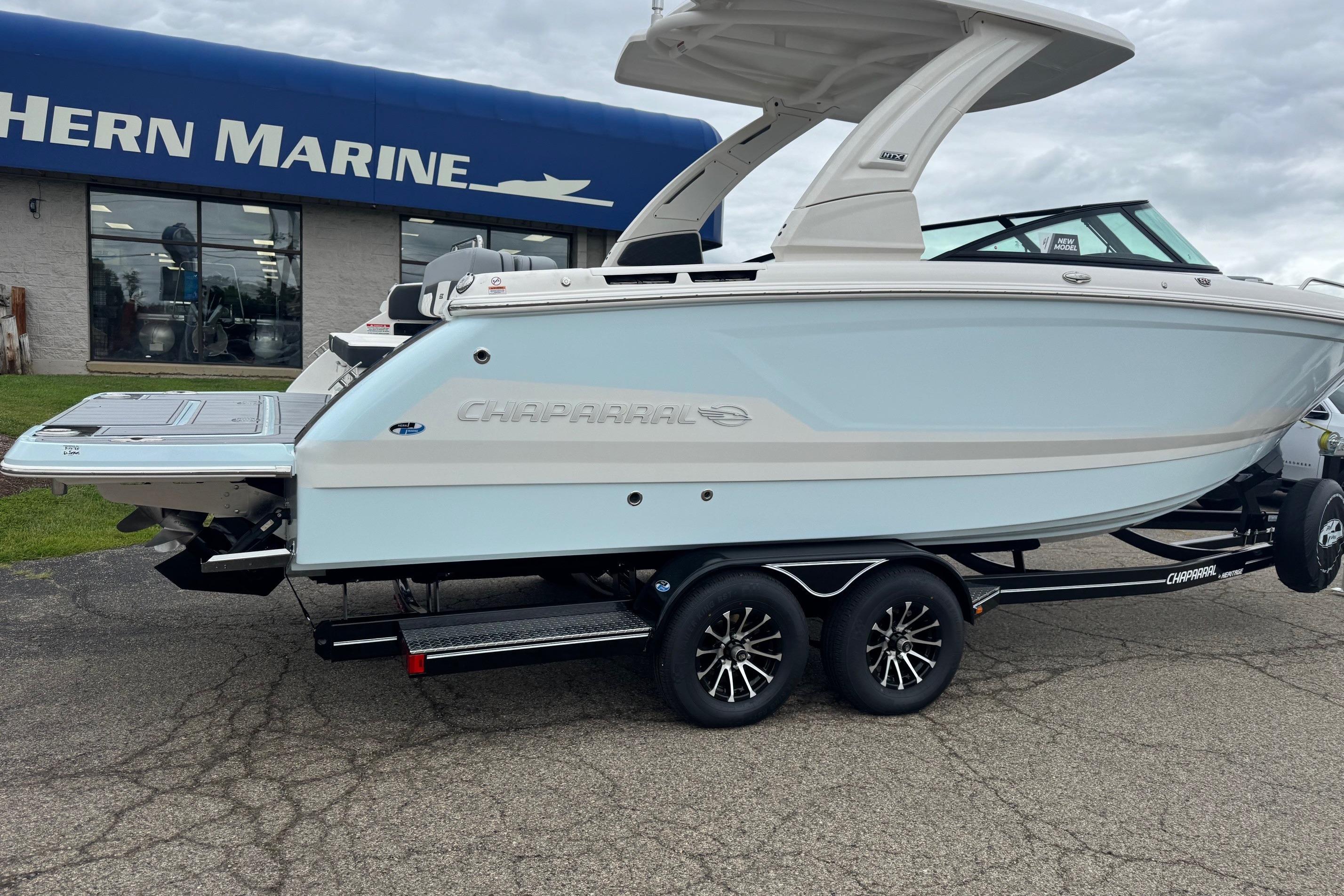 2026 Chaparral 8 SSX boat on trailer at Hern Marine dealership.