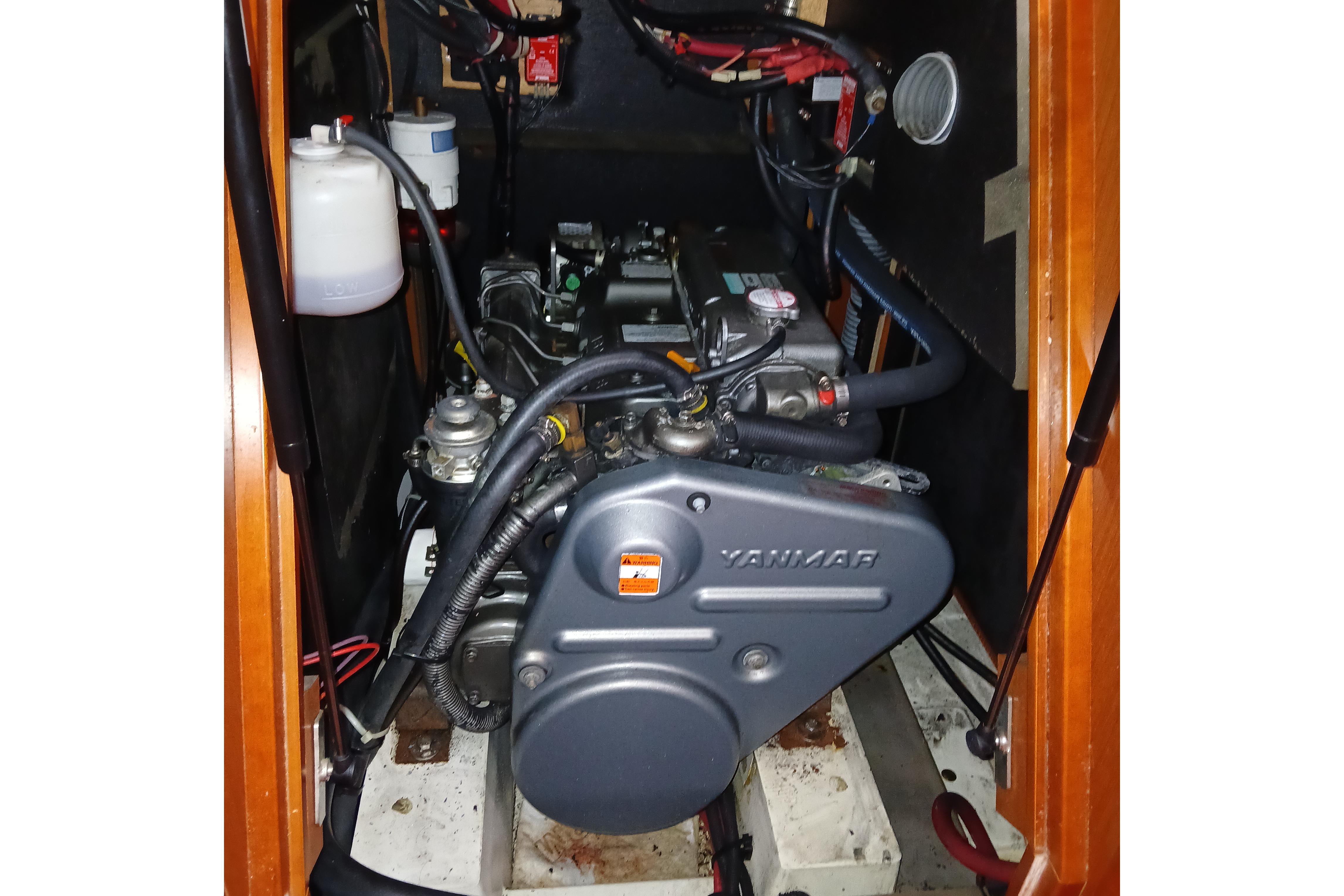 Engine compartment of a 2011 Beneteau Oceanis 50 sailboat with Yanmar engine.
