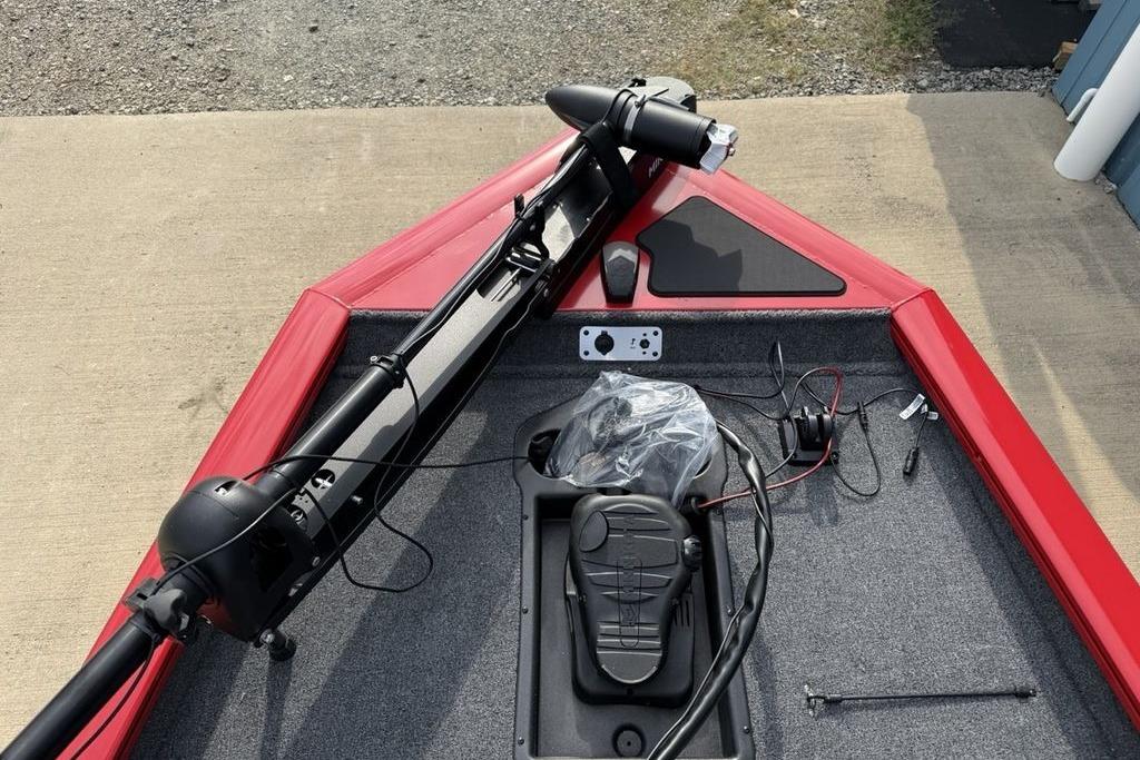 2026 Tracker Pro Team 175 boat deck with trolling motor and foot pedal controls.