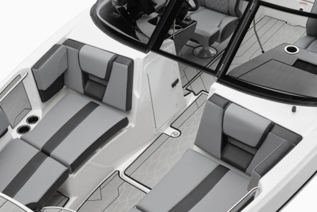 2026 Yamaha Boats 222XE interior with sleek gray seating and modern design.