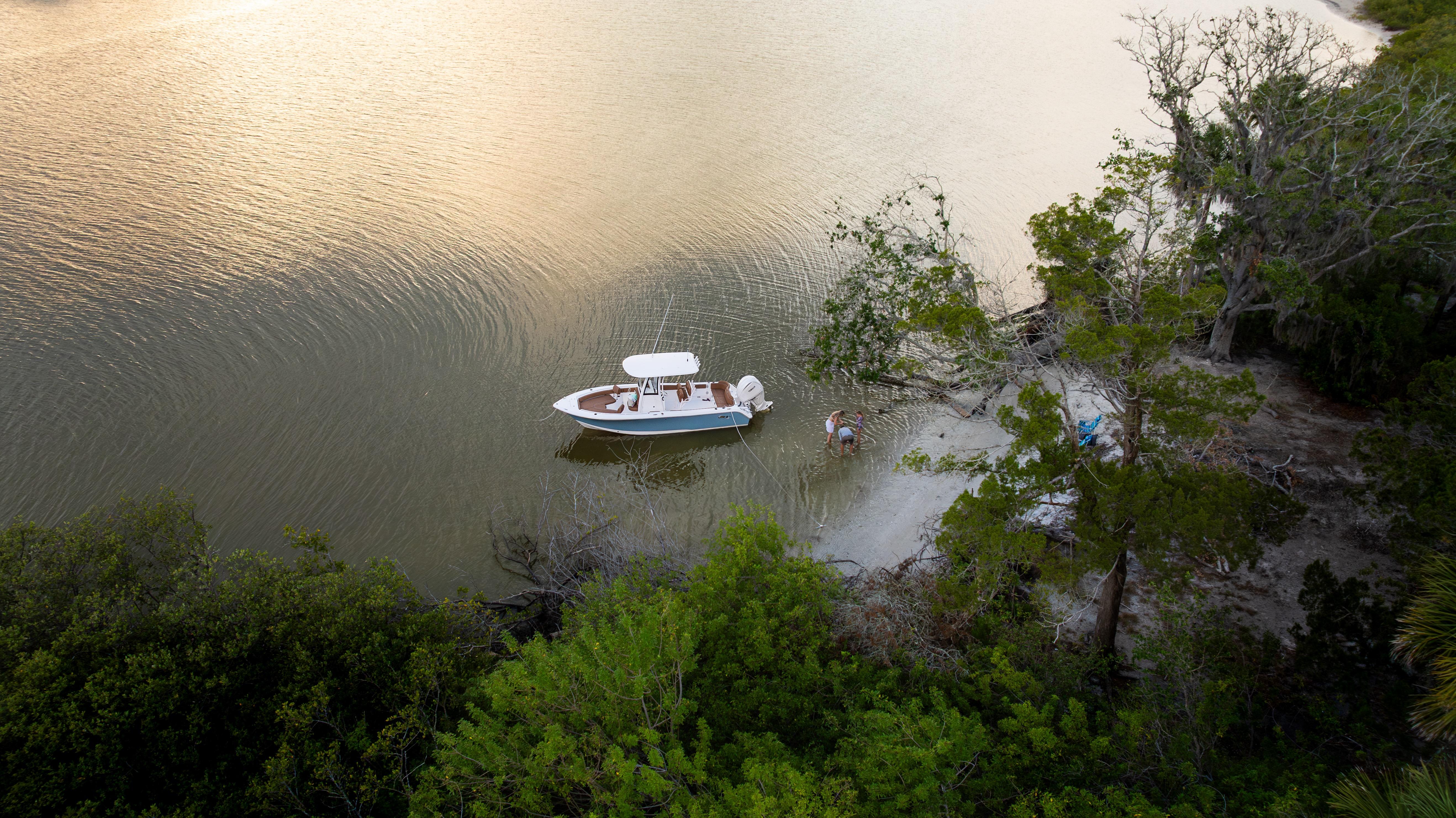 Aerial view of 2026 Sea Hunt Ultra 235 SE boat near a serene shoreline.