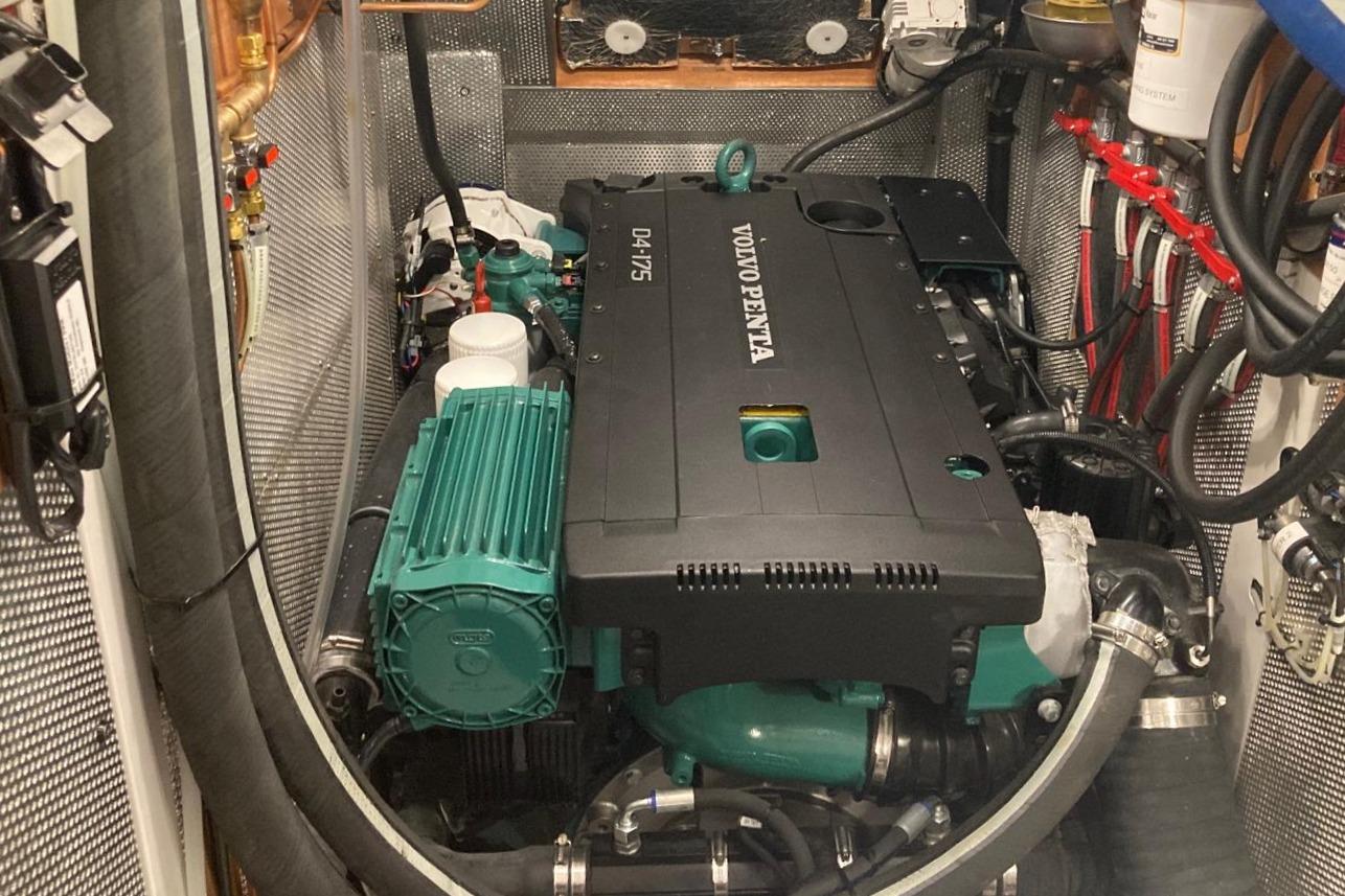 Engine room of a 2022 Hallberg-Rassy 57 yacht with Volvo Penta engine.