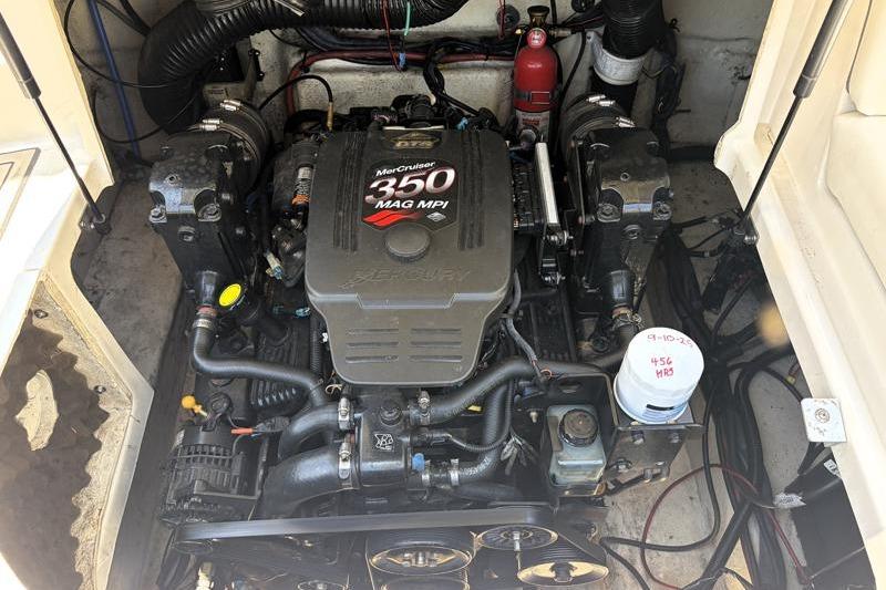 Engine compartment of a 2007 Sea Ray 240 Sundeck with MerCruiser 350 MAG MPI engine.