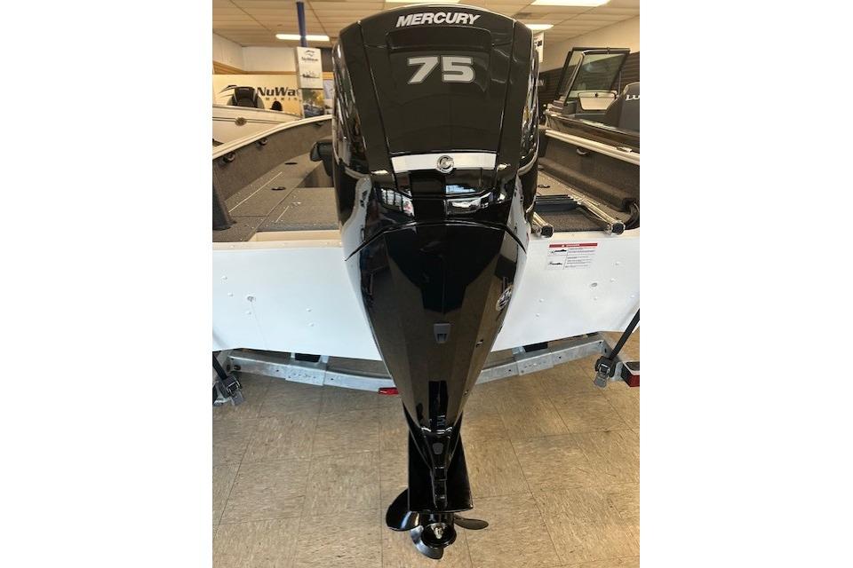 2026 Lund 1650 Rebel XL SS with Mercury 75 outboard motor in showroom.