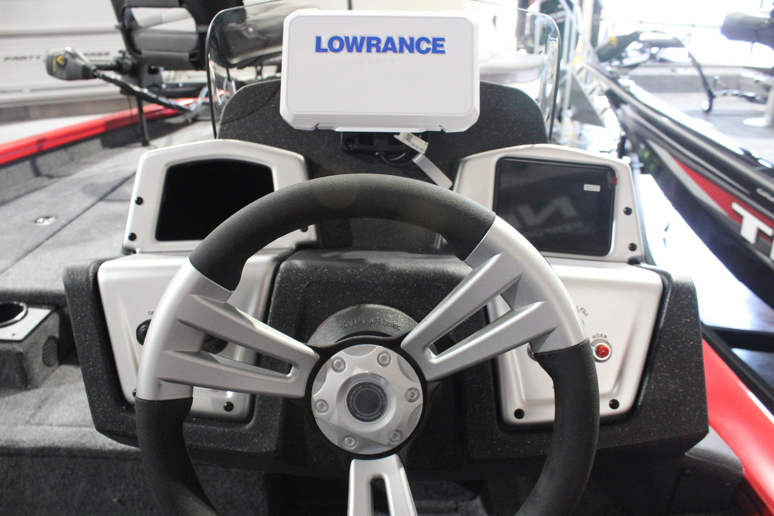 Steering console of 2026 Tracker Pro Team 175 boat with Lowrance electronics.
