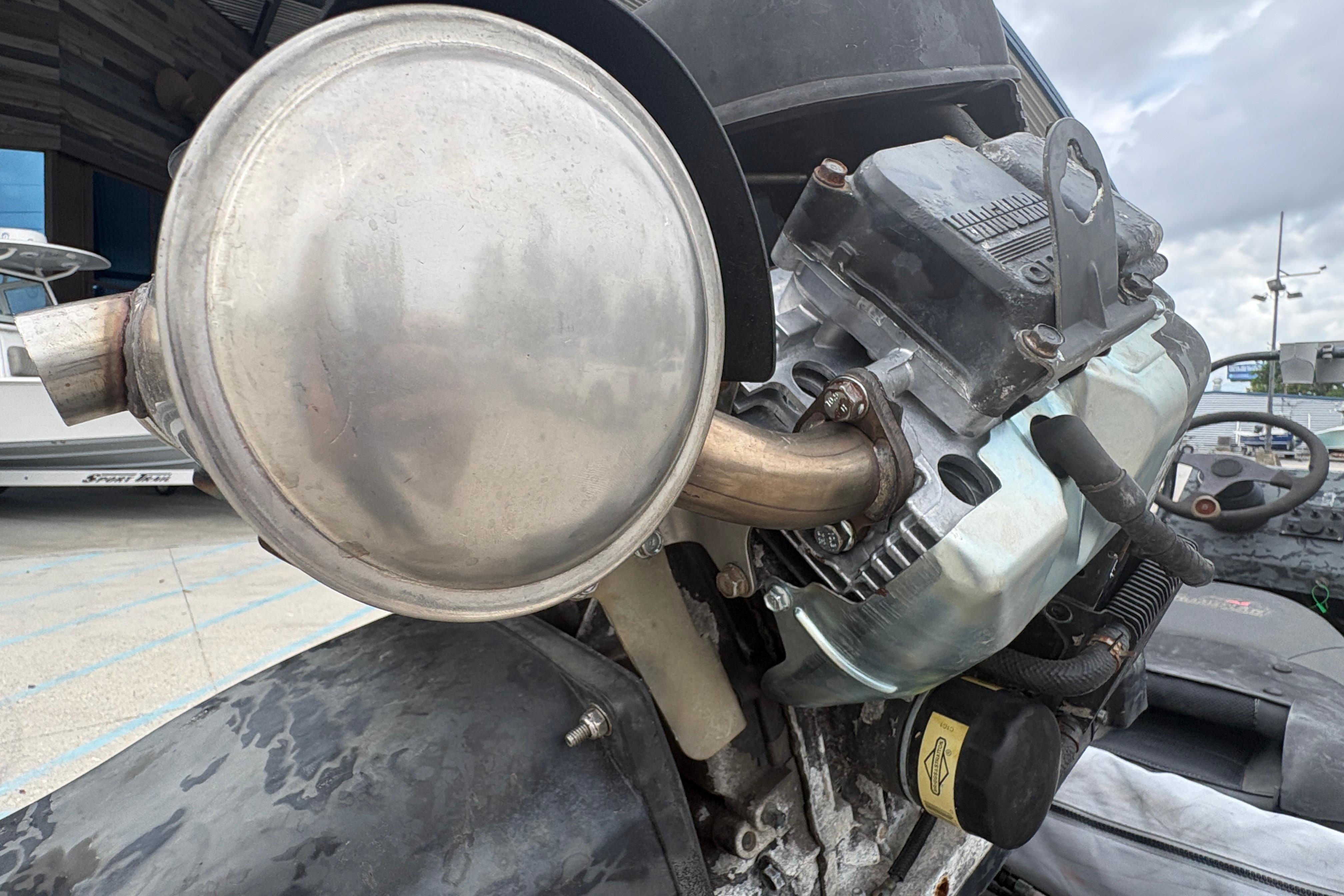 Close-up of a 2020 Gator Tail Extreme engine with exhaust system.