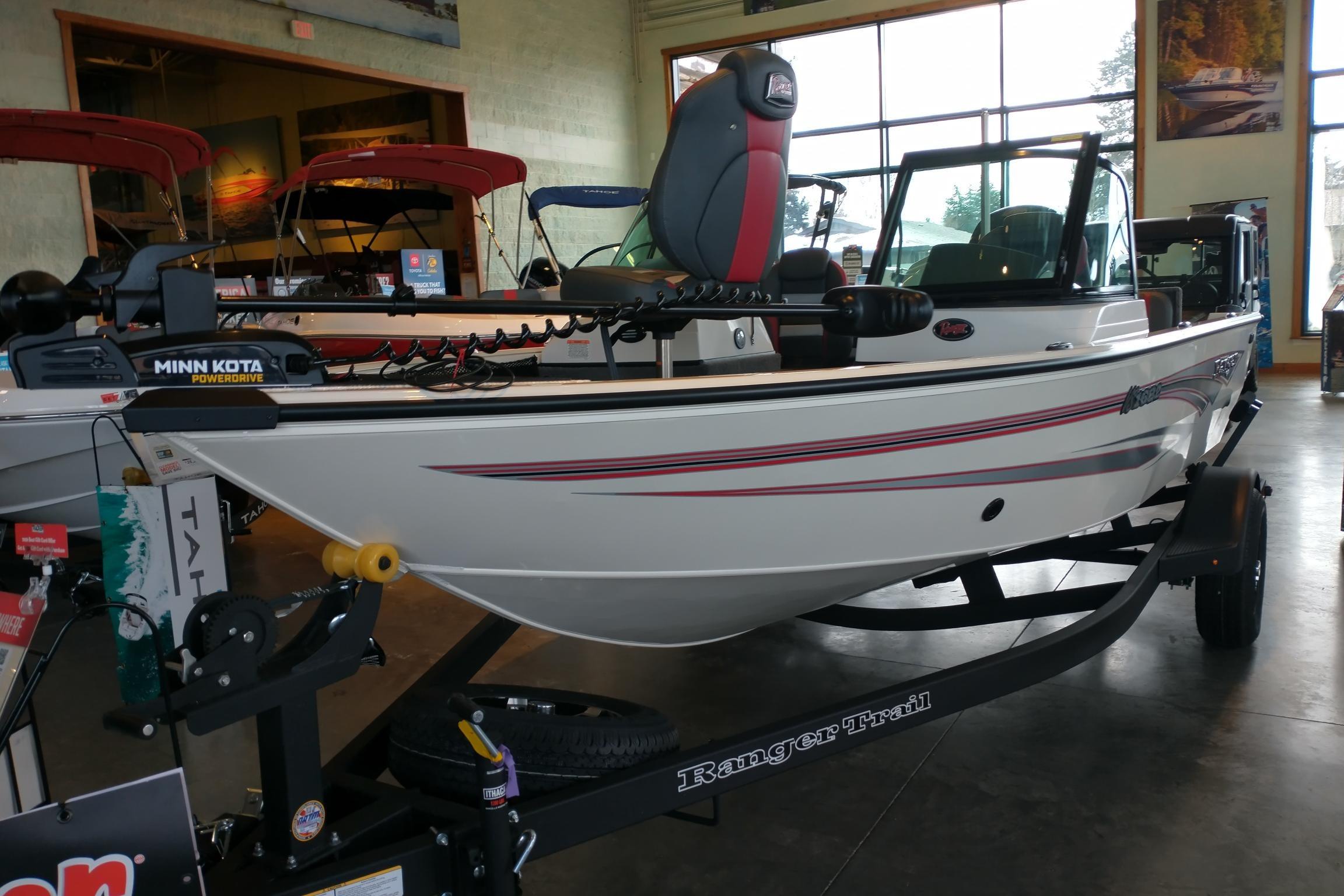 2026 Ranger VS1682SC Reata boat displayed in showroom, featuring Minn Kota PowerDrive.