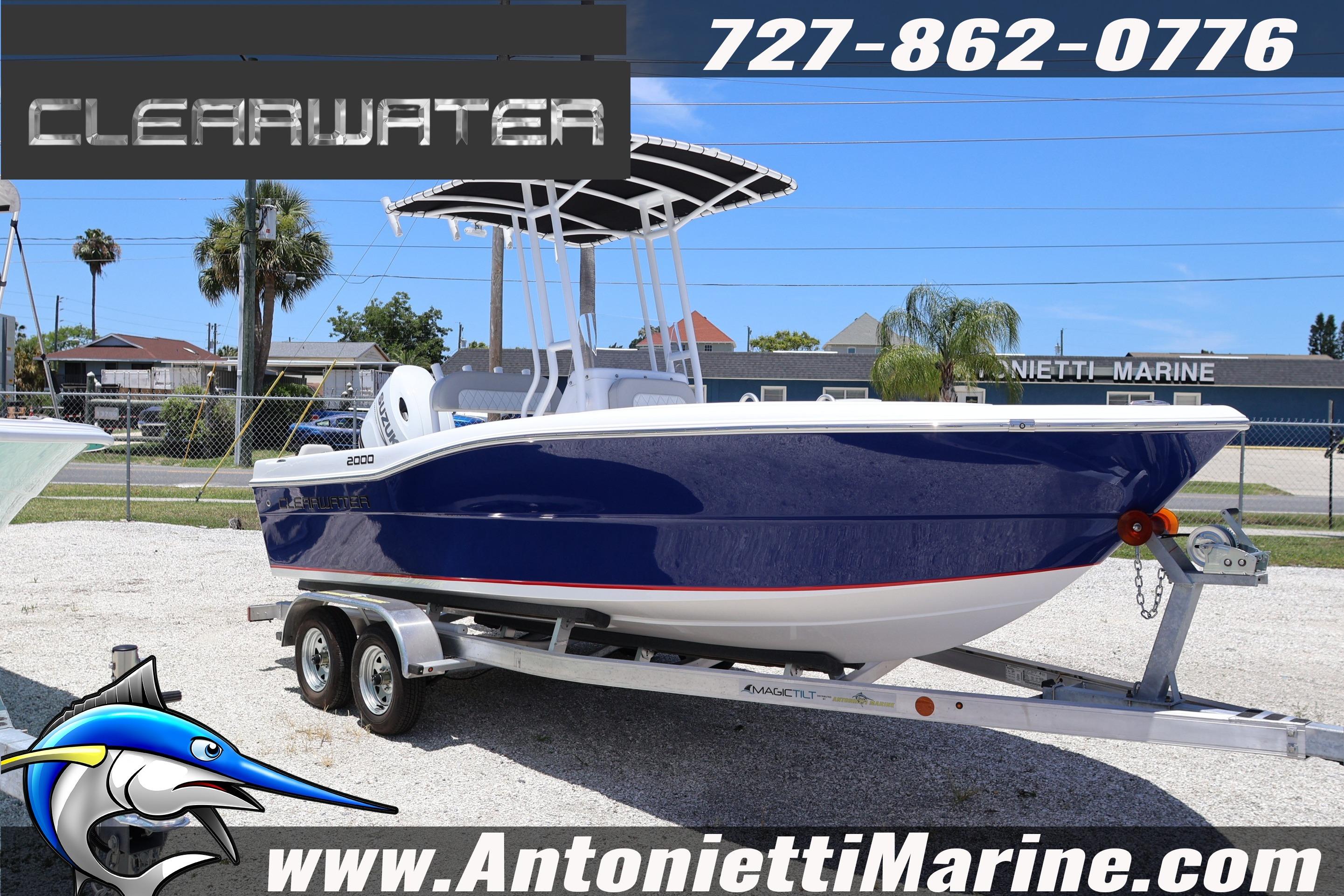 2026 Clearwater 2000 Center Console boat on trailer at Antonietti Marine dealership.