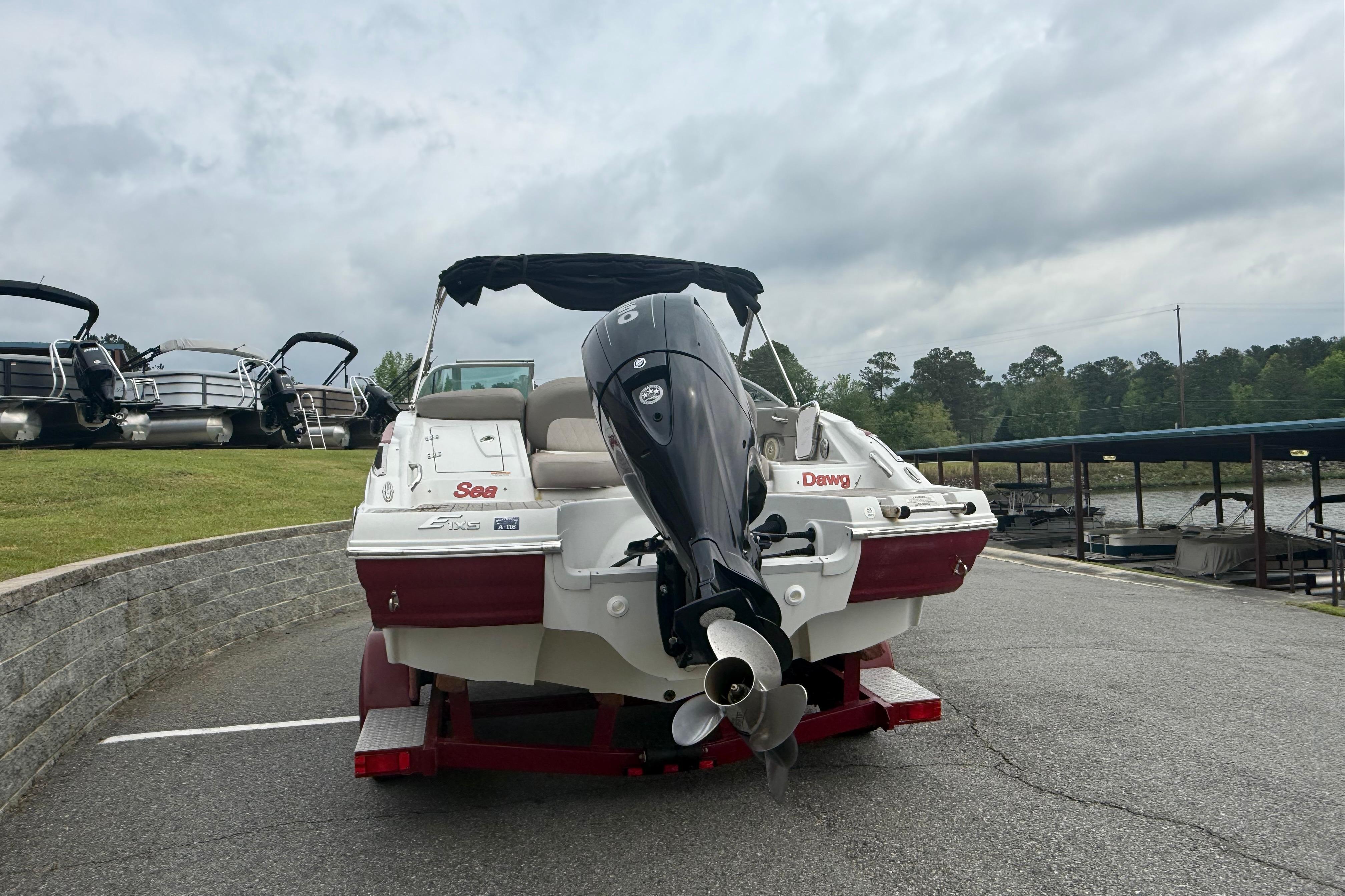 2017 Crownline Eclipse E1 XS boat on trailer, rear view, overcast sky.