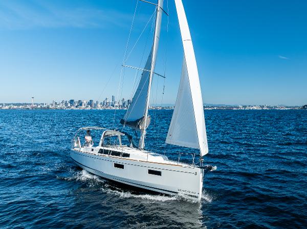 2021 Beneteau Oceanis 38.1 sailboat on open water.