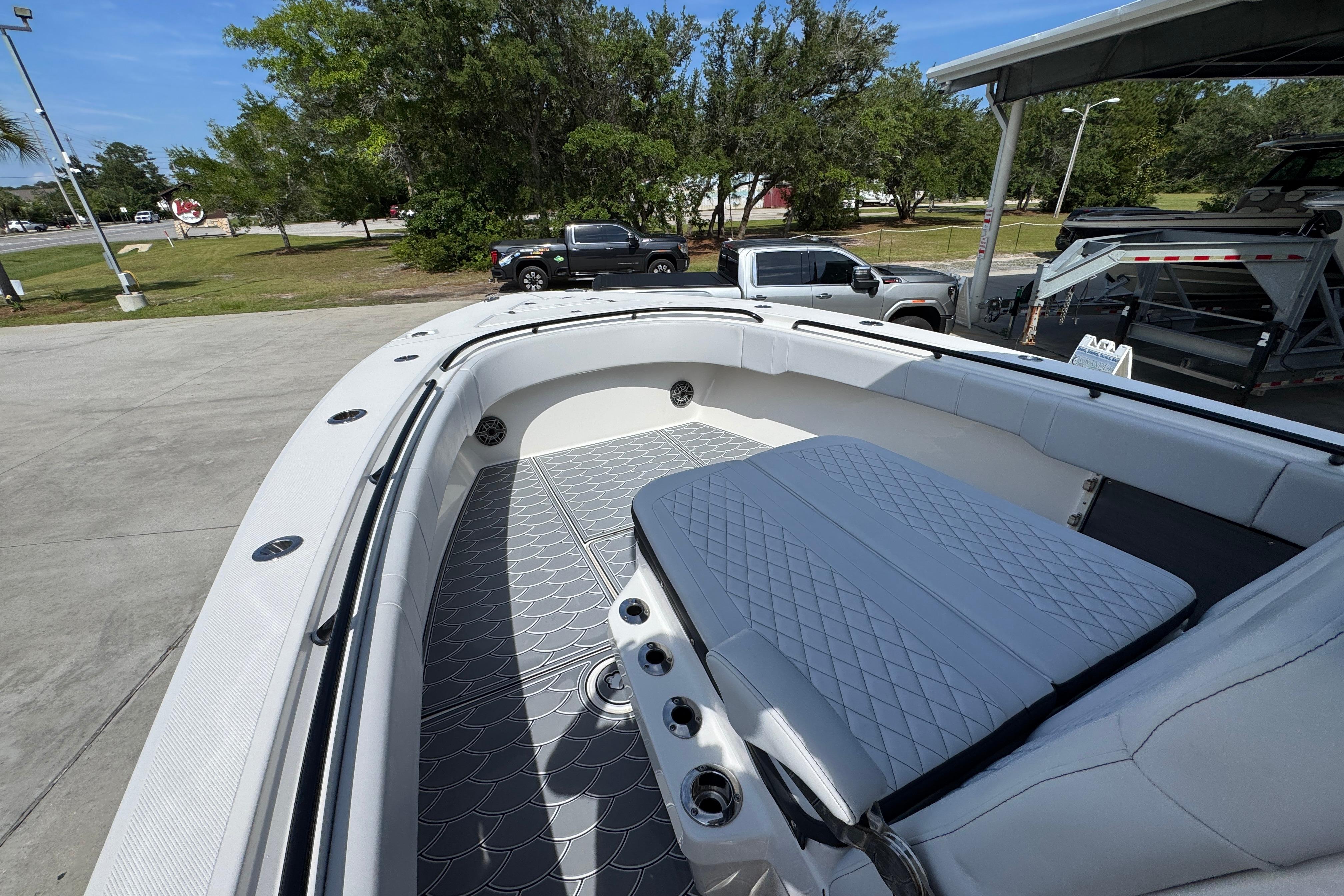2023 Fountain 34 Tournament Edition boat interior with cushioned seating and sleek design.