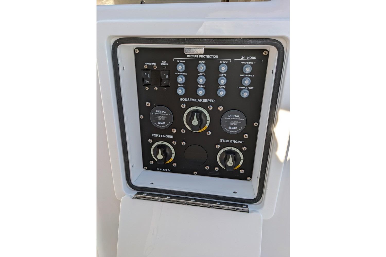 Control panel of 2025 Sportsman Open 282 Center Console boat, featuring circuit protection switches.