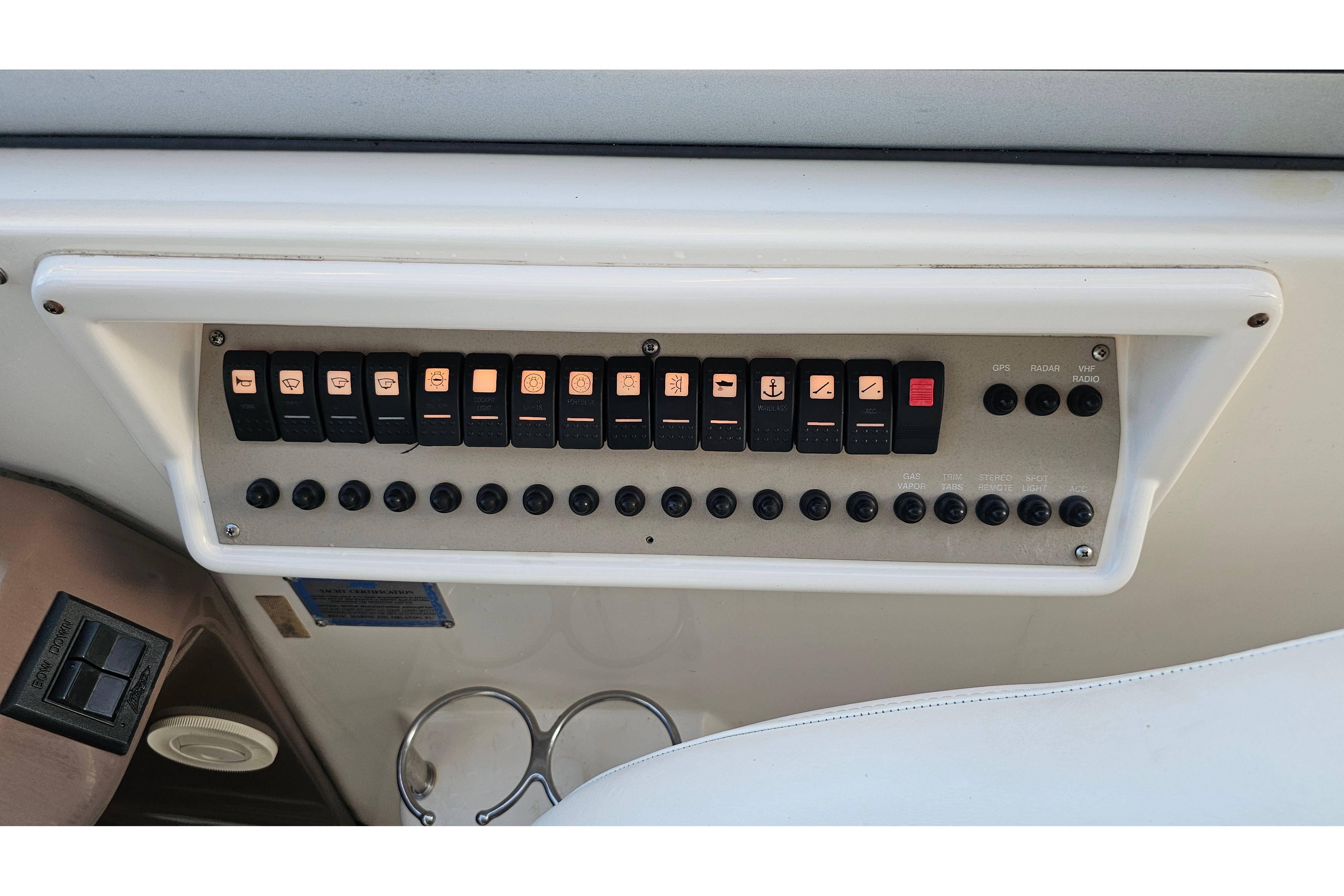 Control panel of a 2005 Regal 3060 Window Express boat with labeled switches.
