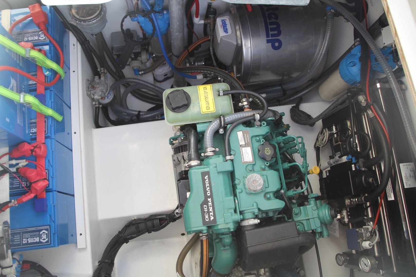 Engine compartment of 2017 Fountaine Pajot Lucia 40 catamaran with Volvo Penta engine.