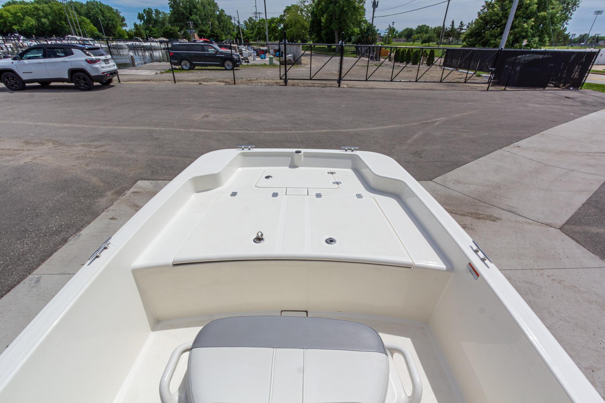 2020 Mako Pro Skiff 15 CC boat interior, featuring spacious deck and seating.