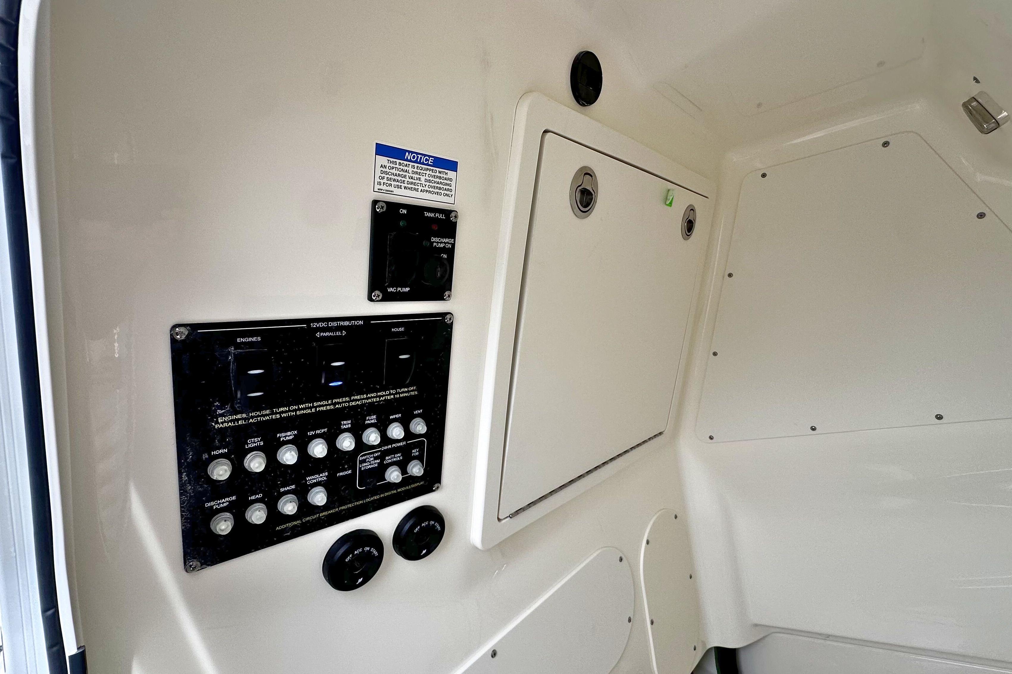Control panel inside 2026 Boston Whaler 280 Dauntless boat cabin.