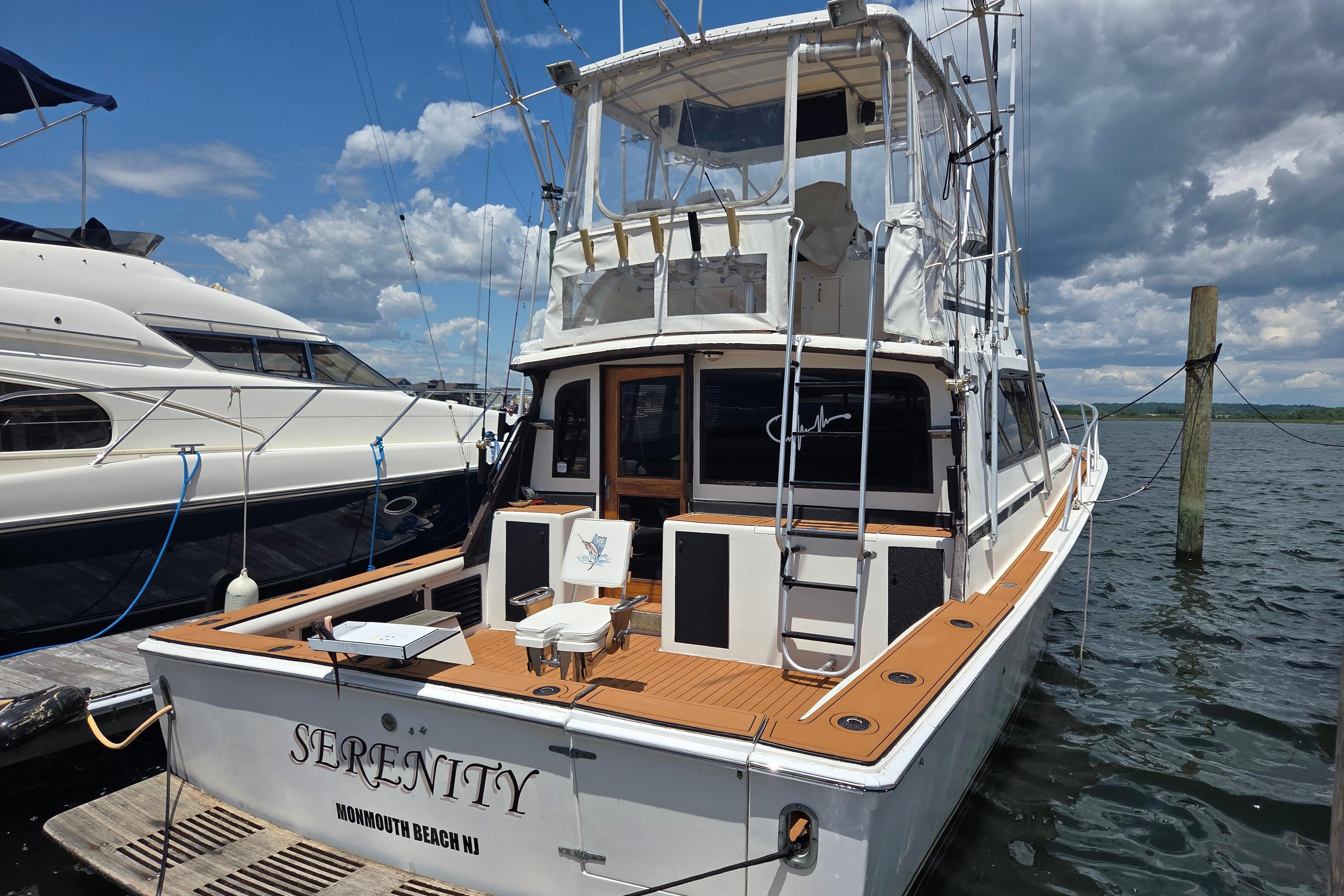 1990 Egg Harbor Golden Egg 42 yacht docked, named "Serenity," Monmouth Beach, NJ.