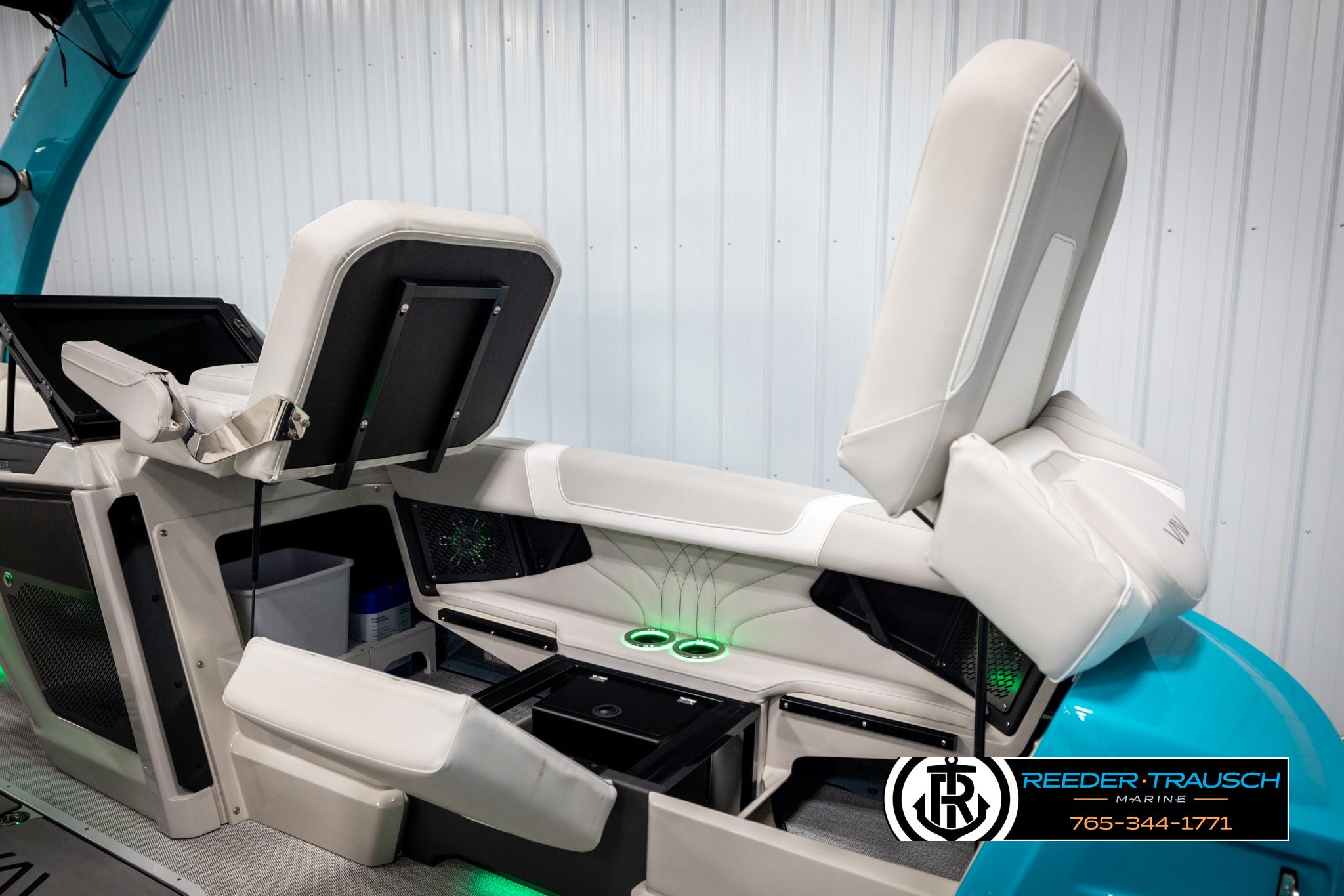 Luxurious seating in 2025 Avalon 2585 Excal VRBW boat with modern design and ambient lighting.