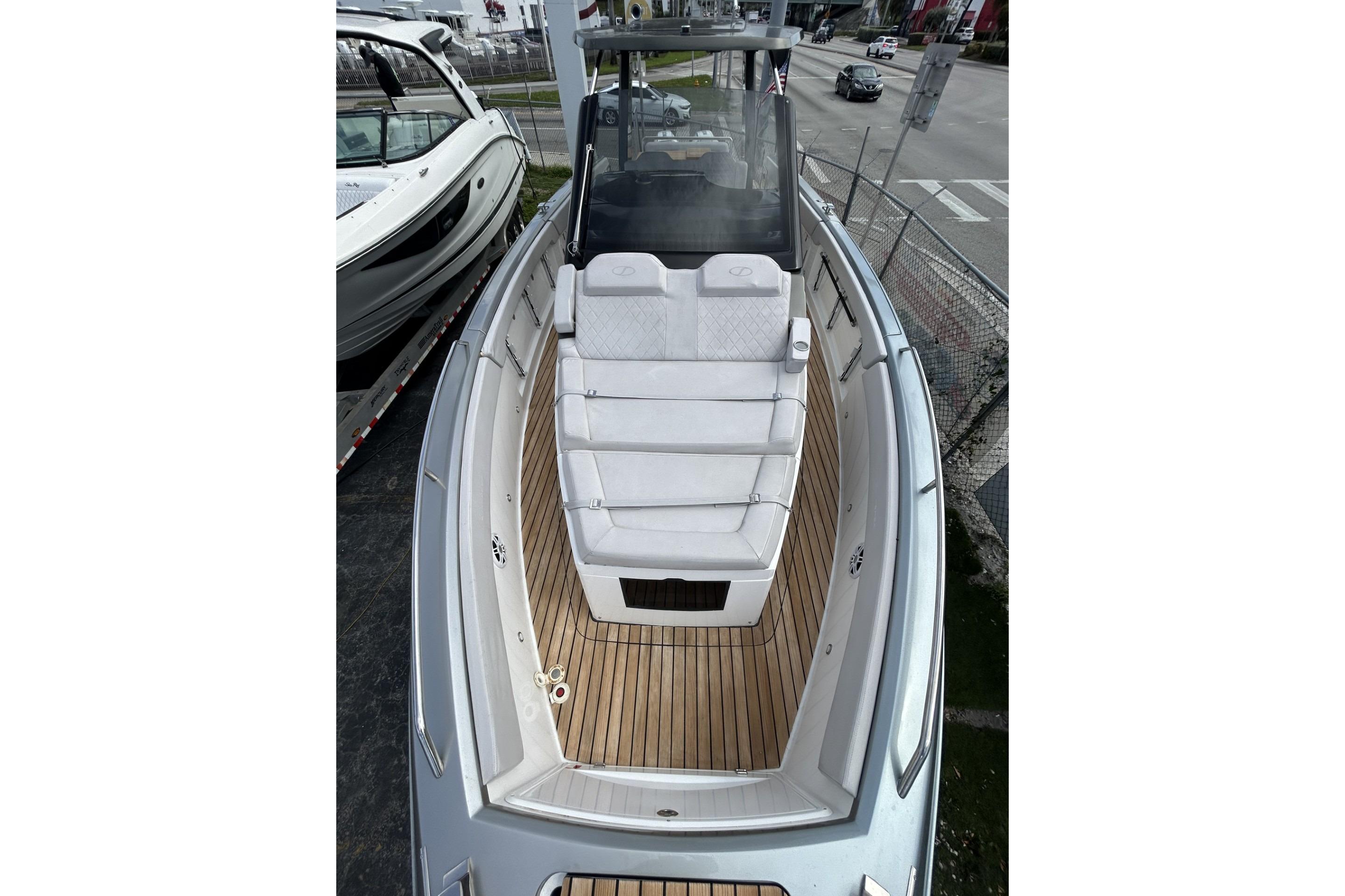 2023 Schaefer V33 boat with sleek design and spacious deck.