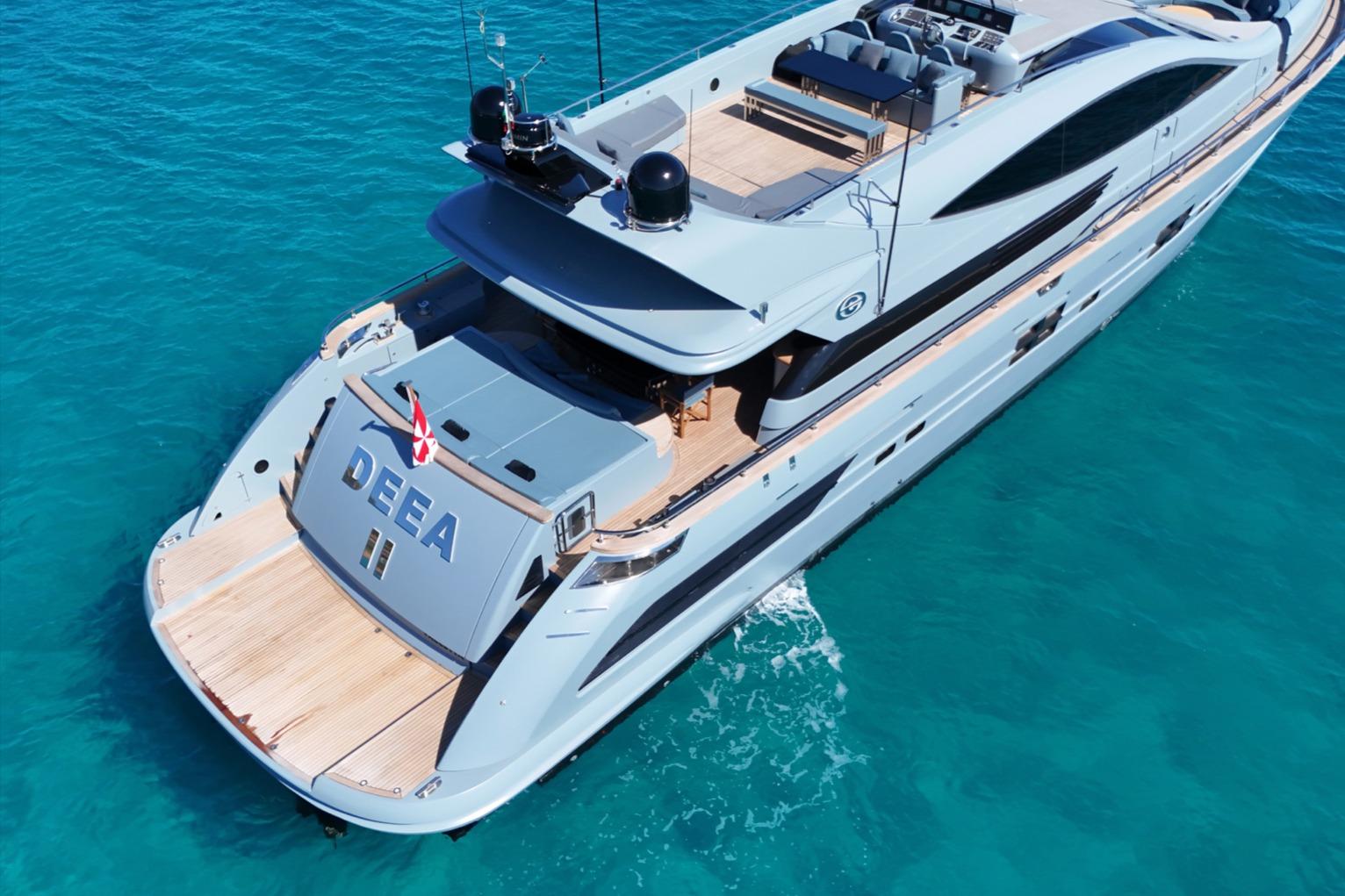 Luxurious 2009 Cerri Cantieri Navali 102 yacht cruising in clear blue waters.