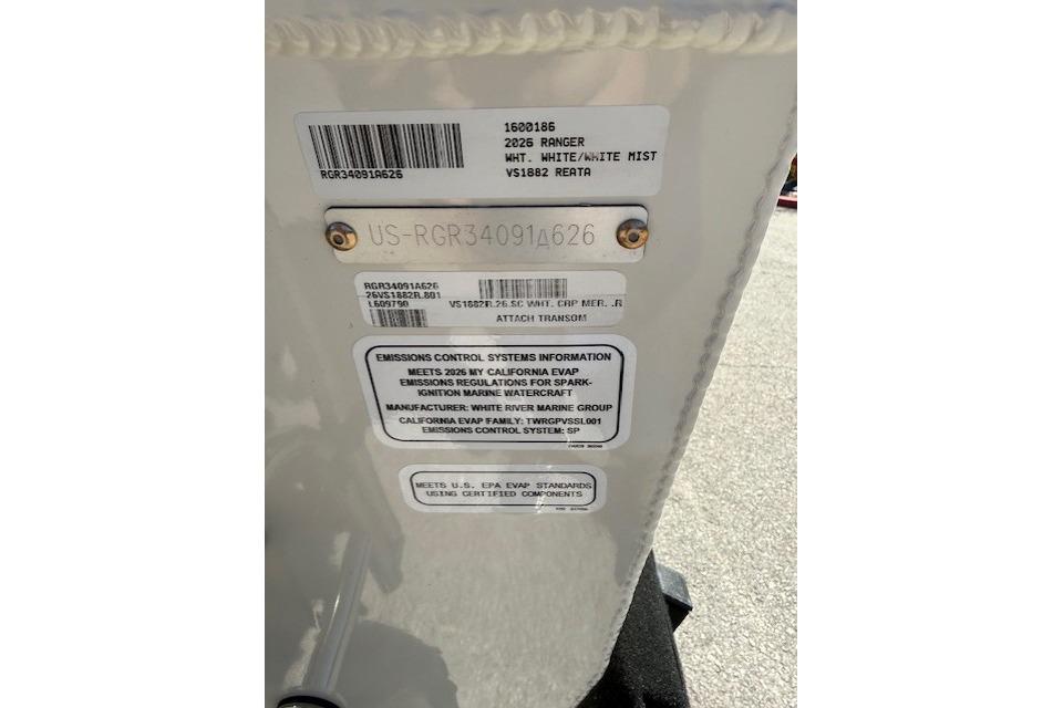 2026 Ranger VS1882SC Reata boat label with emissions information and serial number.