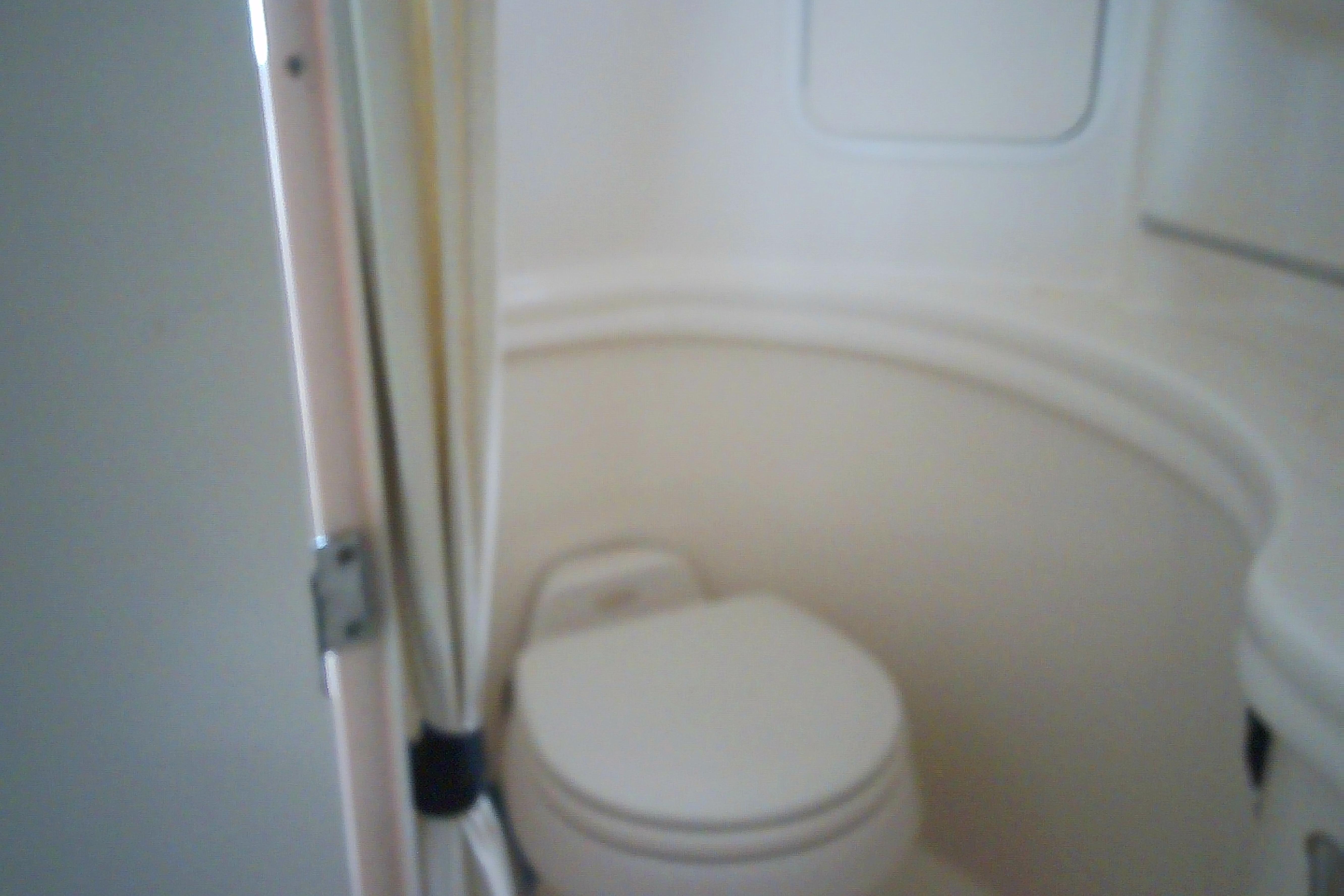 2005 Sea Ray 300 Sundancer bathroom interior with toilet and shower curtain.