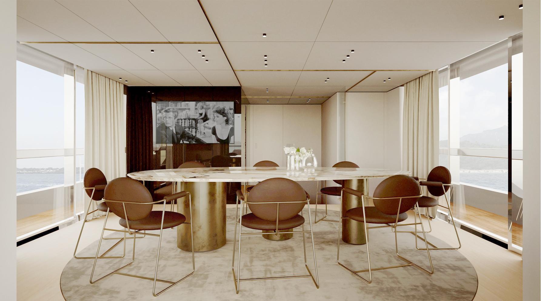 Luxurious dining area on Ocean King Doge 350 yacht, 2027 model, featuring elegant decor and modern furnishings.