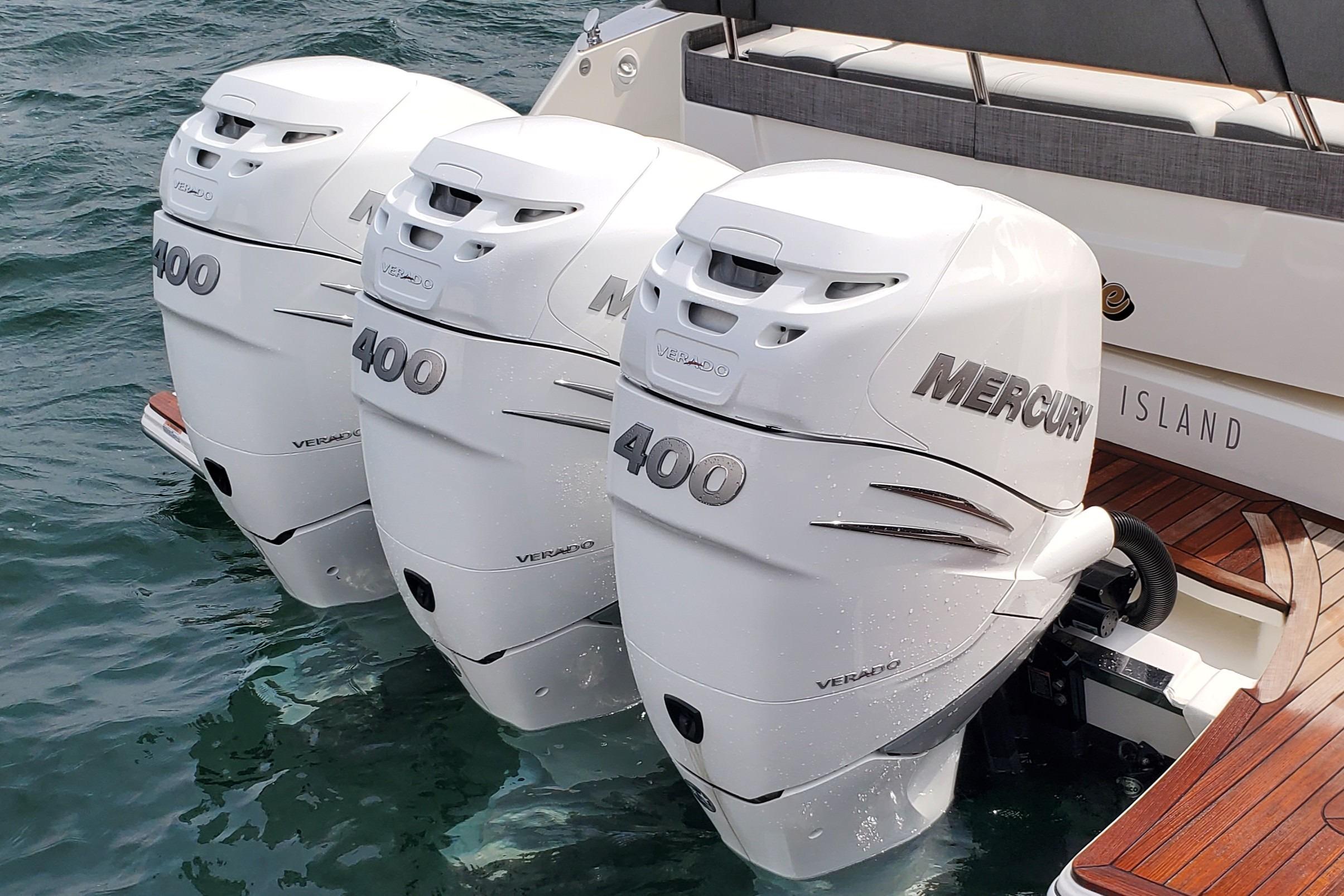 Triple Mercury Verado 400 outboard engines on a 2021 Tiara Sport 38 LS boat.