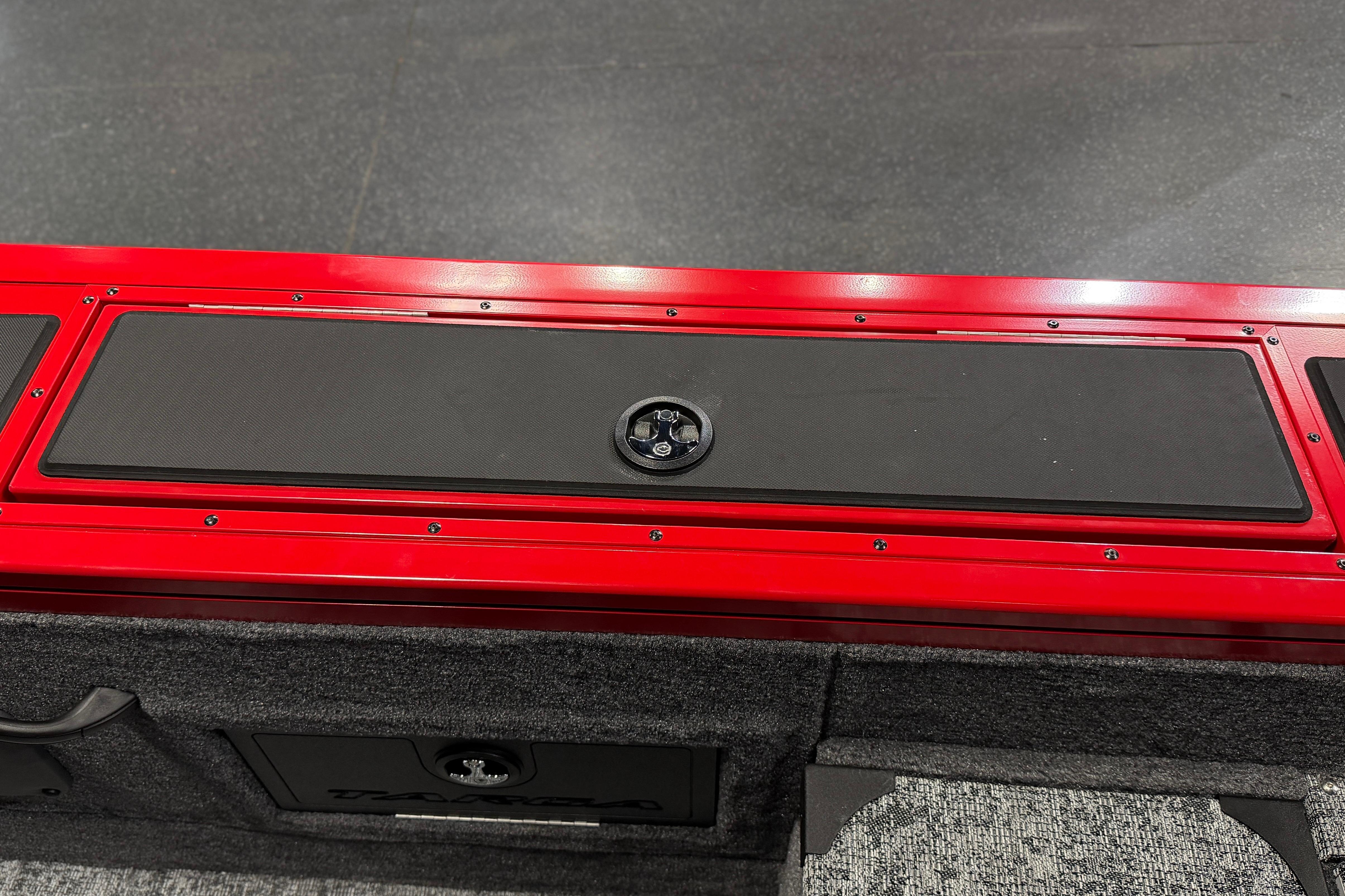 2026 Tracker Targa V-18 Combo boat interior with red and black detailing.
