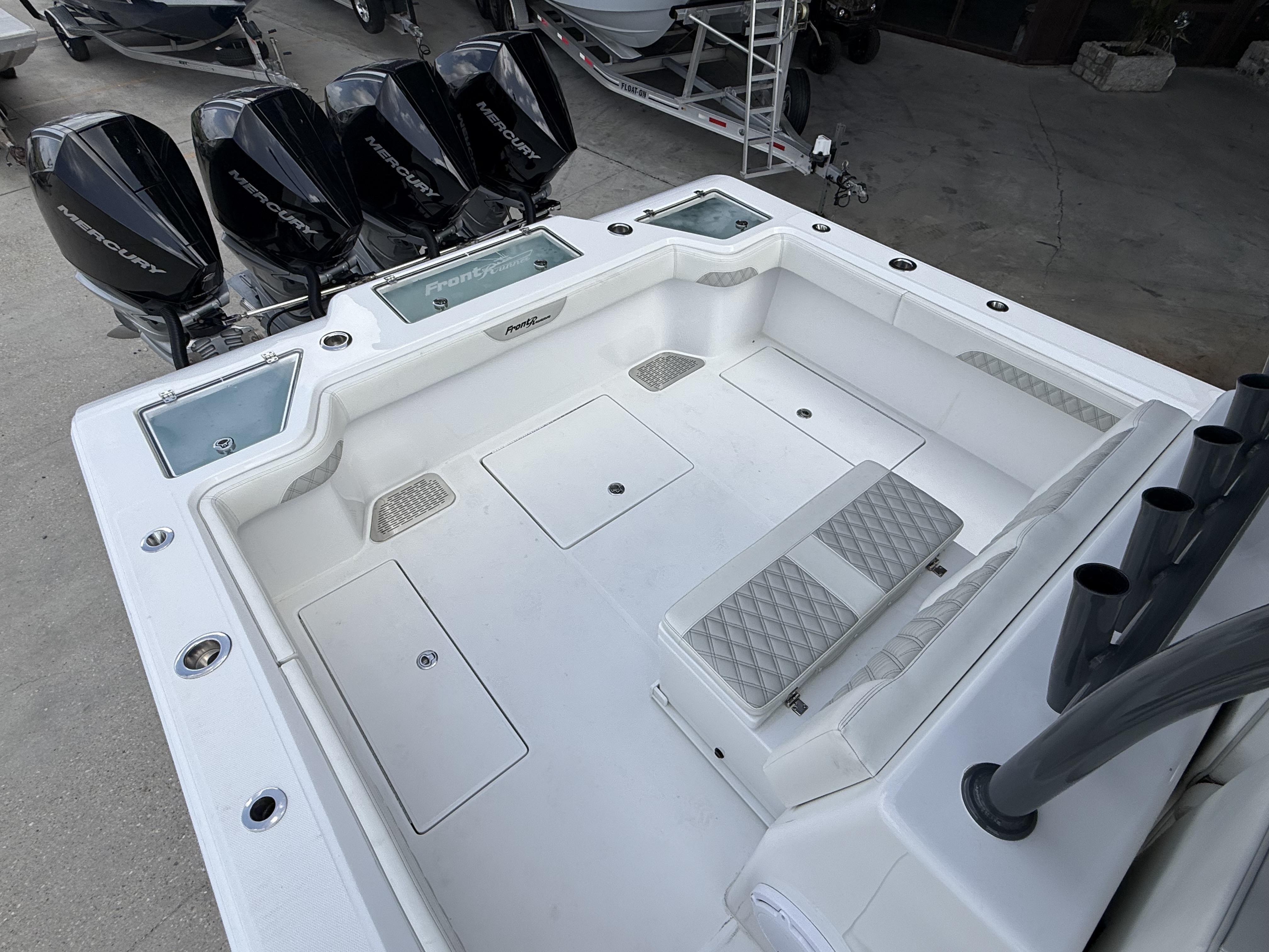 2024 Front Runner 39 CC boat deck with multiple Mercury outboard engines.