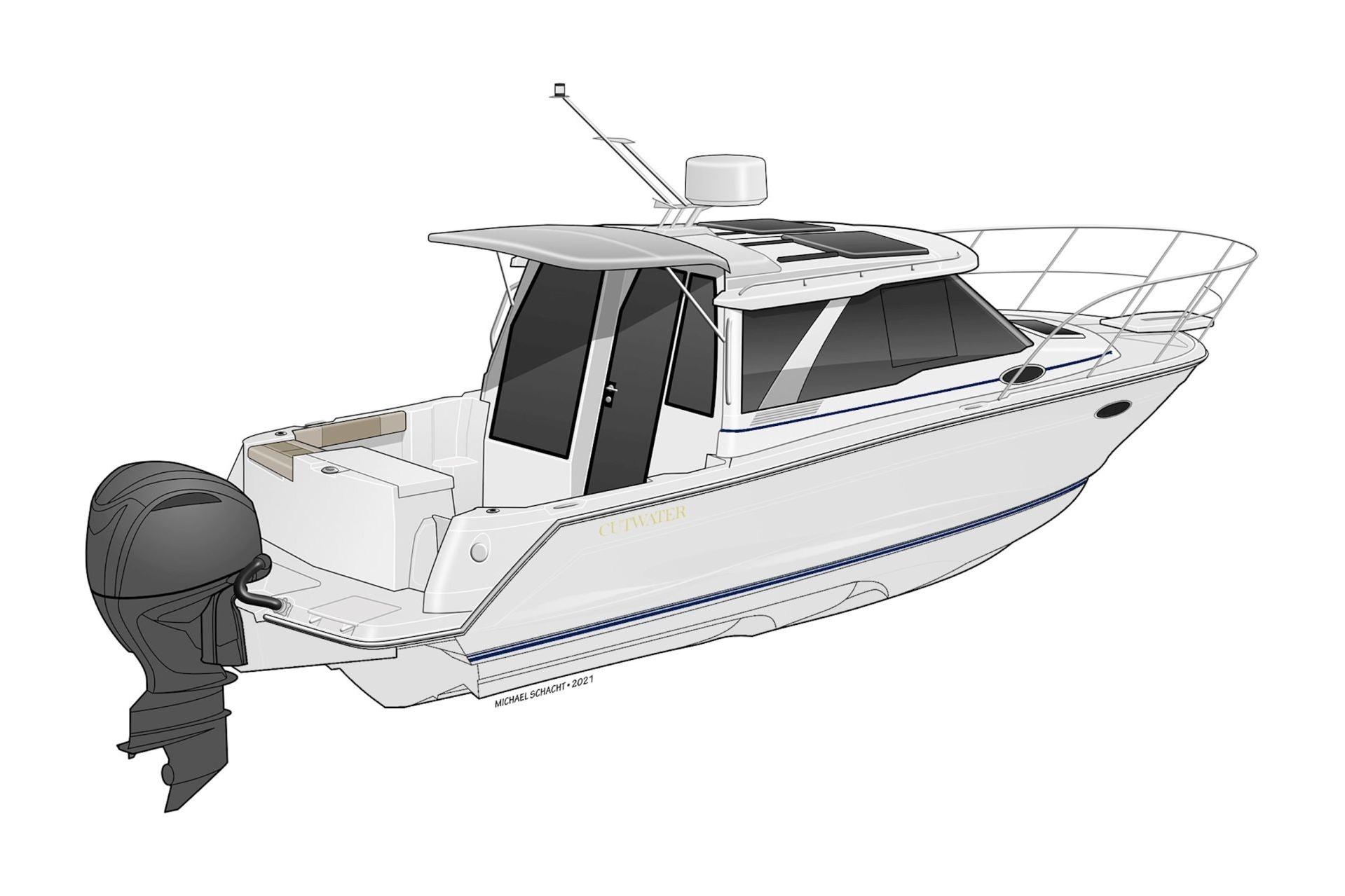 2026 Cutwater C-248 Coupe boat illustration, featuring sleek design and outboard motor.