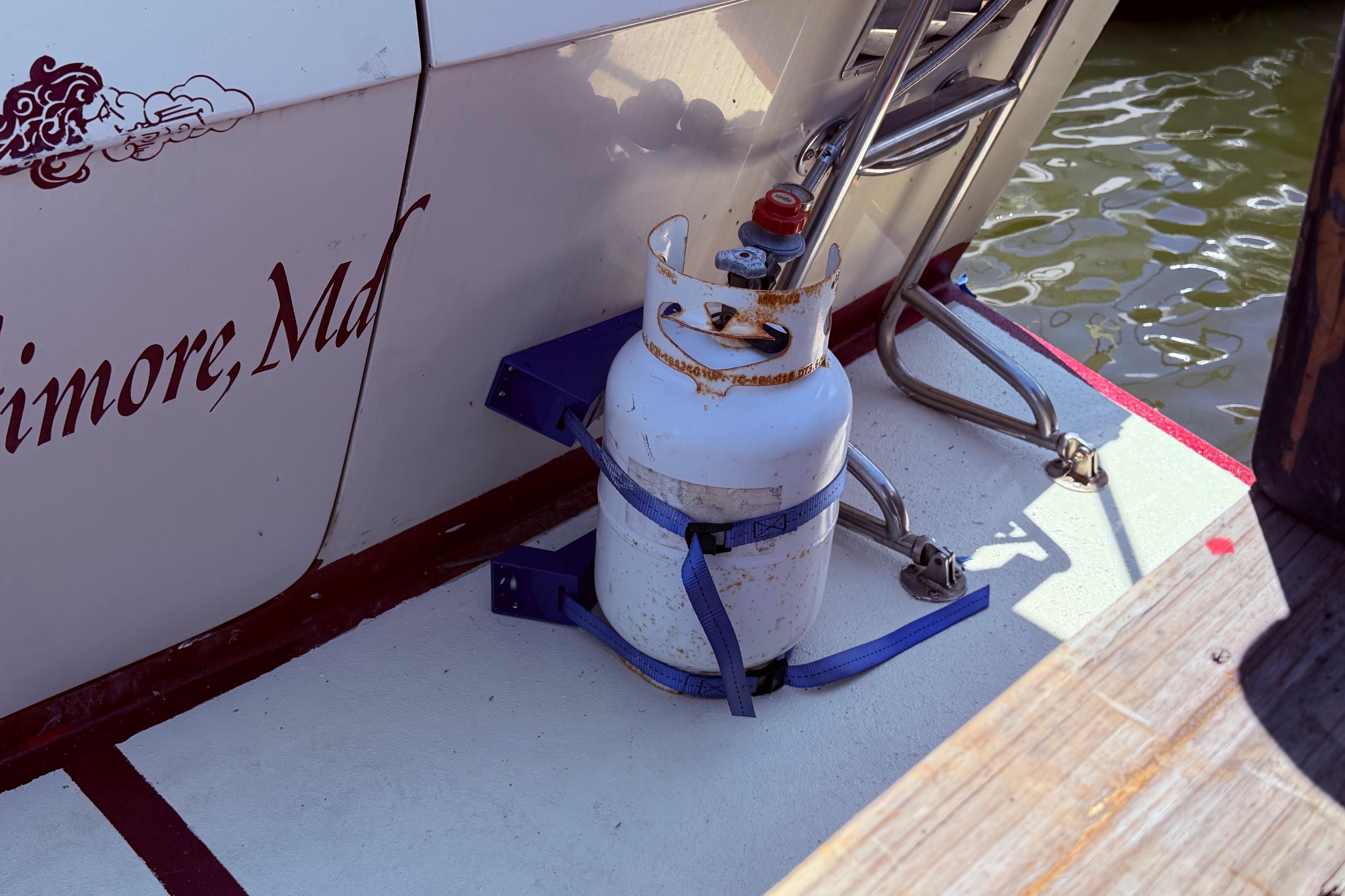 Propane tank secured on 1985 Lancer Yachts 40 Motorsailer deck, Baltimore, MD.