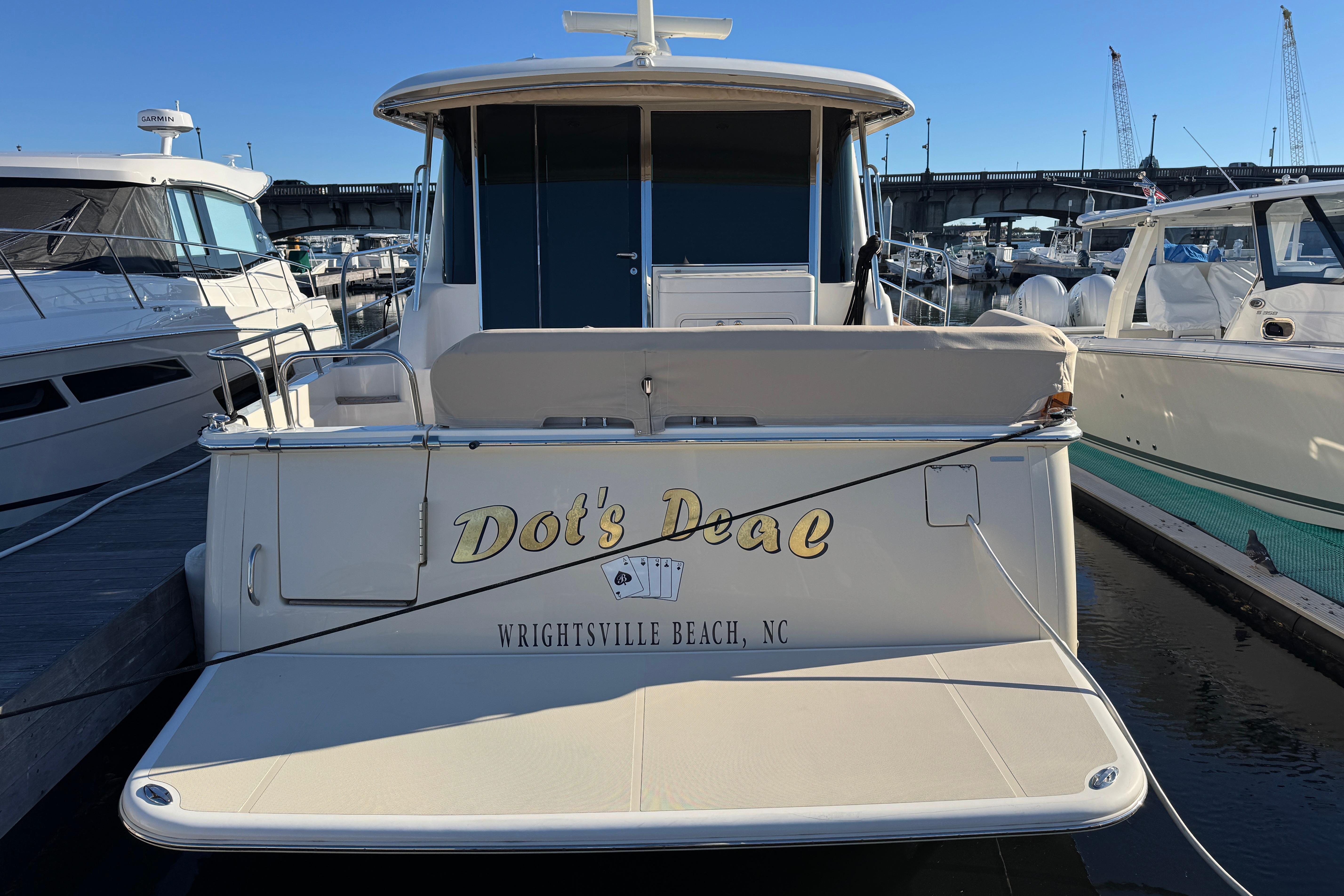 2023 Sabre 48 Salon Express yacht docked at Wrightsville Beach, NC.