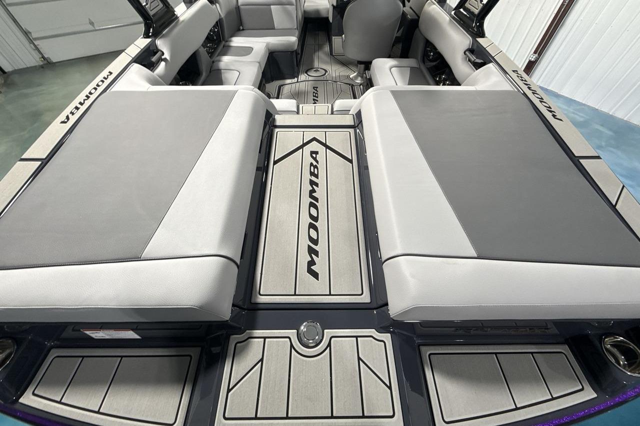 Interior of a 2026 Moomba Craz with gray upholstery and modern design.