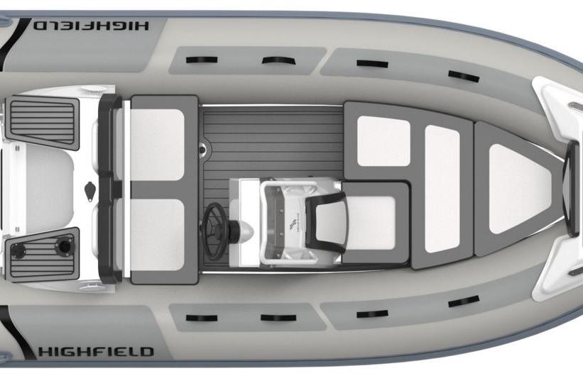 2026 Highfield Sport 390 boat, top view, showcasing sleek design and seating layout.