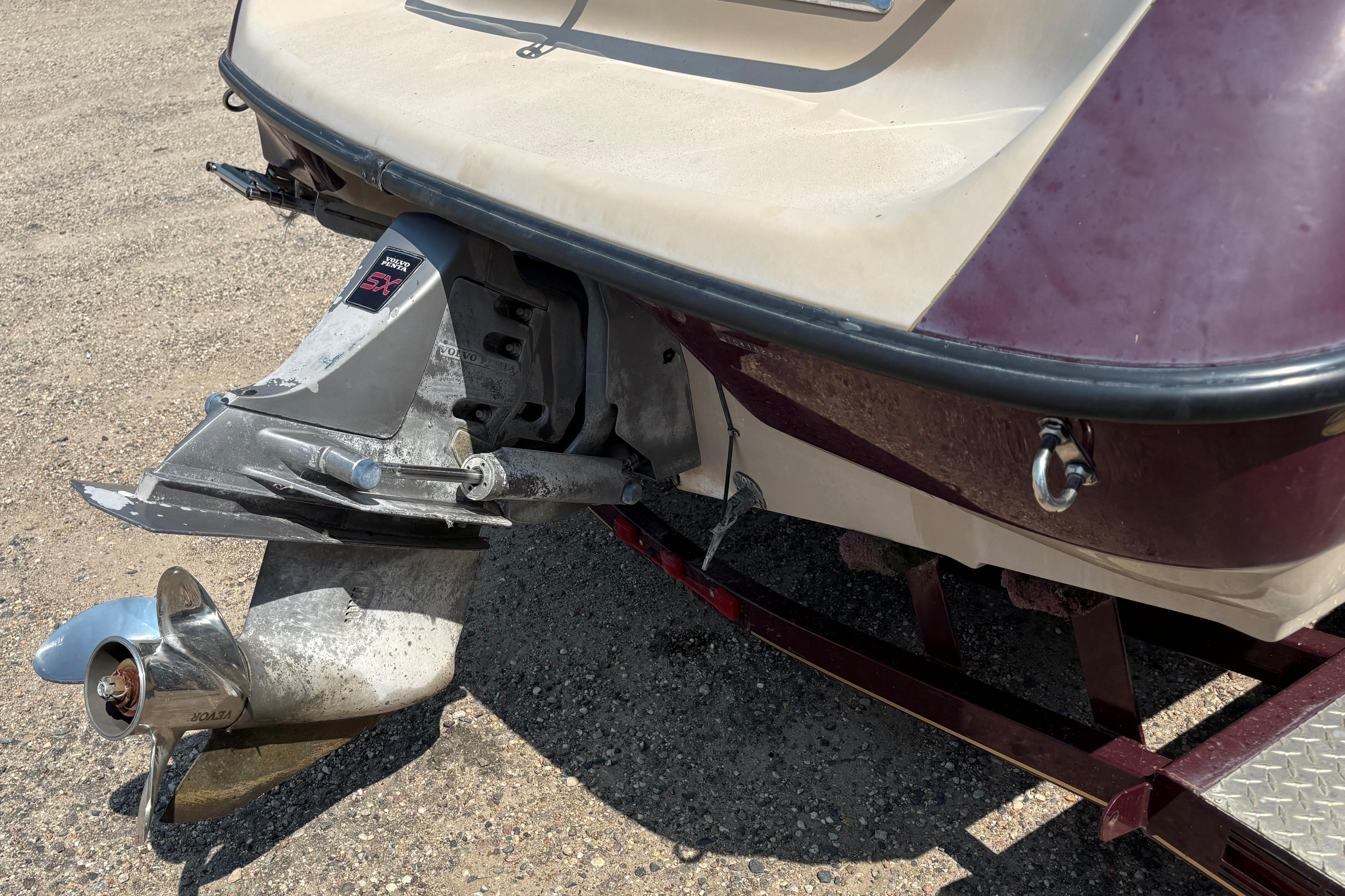 Rear view of a 2001 Crownline 18' boat with Volvo Penta SX outdrive.