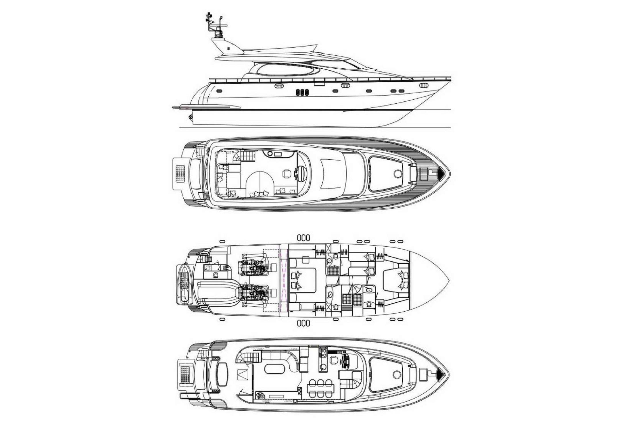 Blueprint of 2007 Elegance 64 yacht, showcasing side and top views with detailed layout.