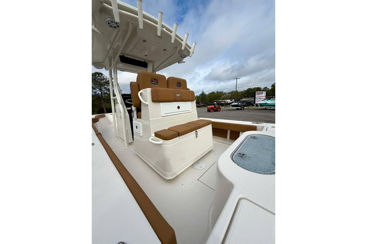 2026 Ranger 2600 Bay boat interior with tan seating and white deck.