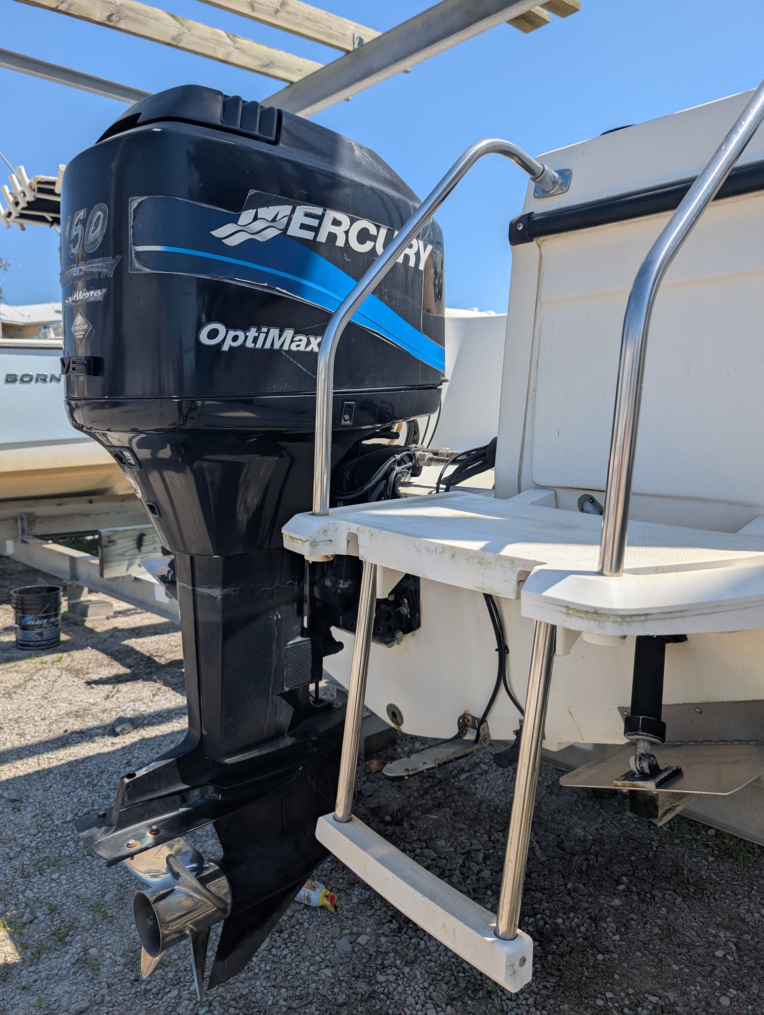 A Mercury OptiMax outboard motor is mounted on a boat, with a swim ladder beside it.