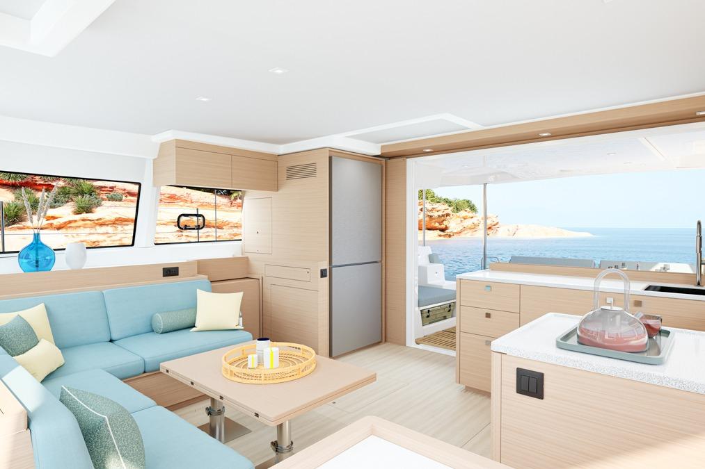 Interior of Lagoon 47 yacht, modern design, ocean view.