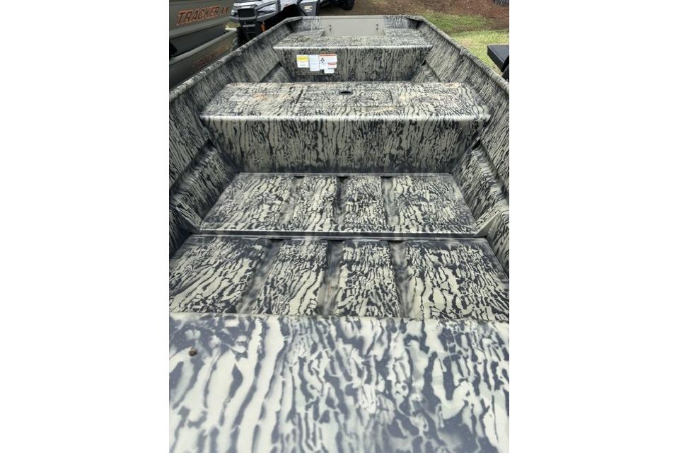 2026 Tracker Grizzly 15 Jon boat interior with camouflage pattern.
