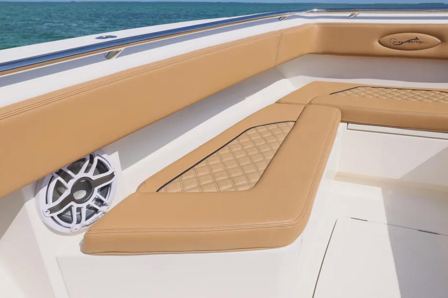 Luxurious seating on 2025 Blackwater 41 Performance Fish boat with tan upholstery.