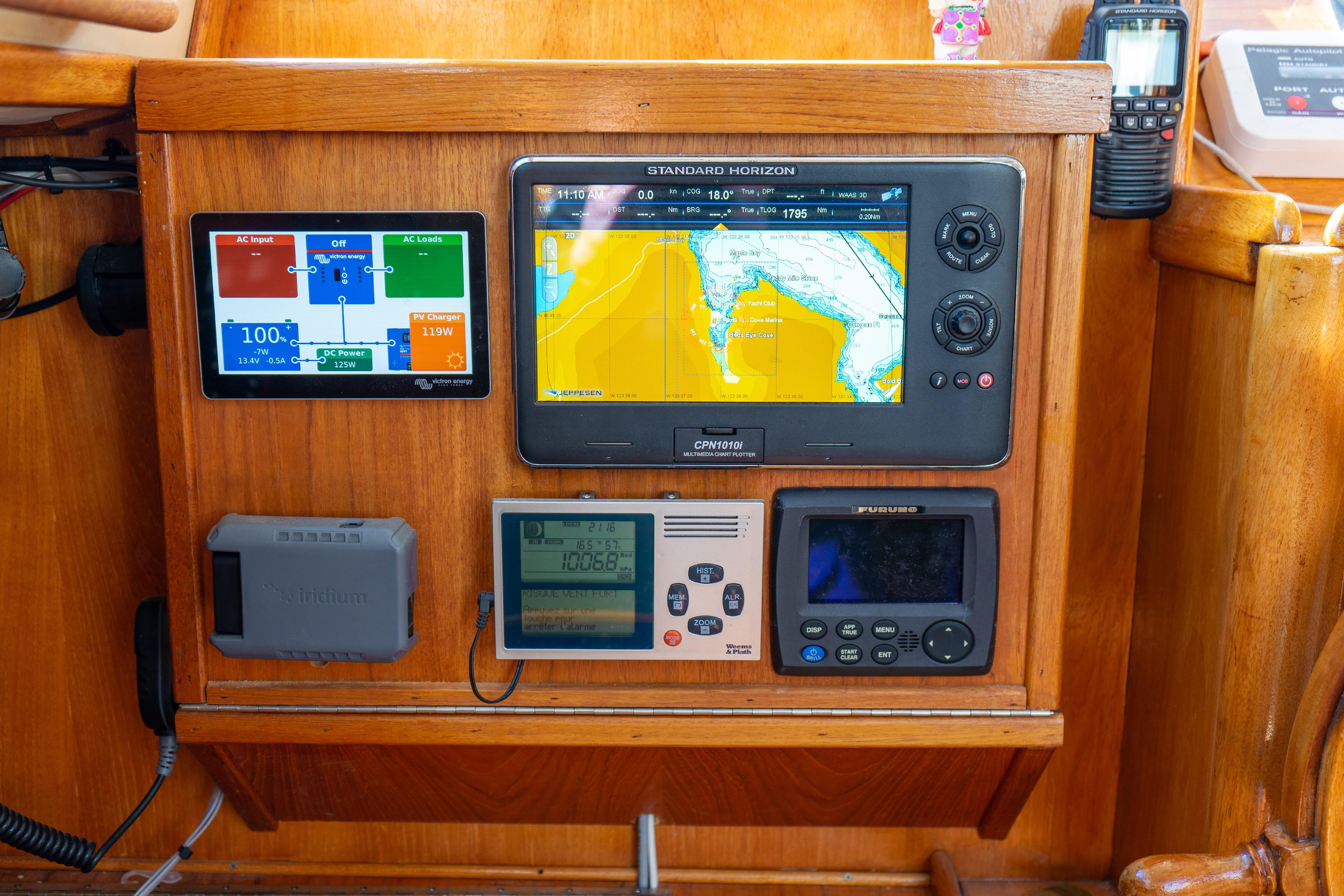 Navigation and communication equipment on a 1983 Corbin 39 sailboat.