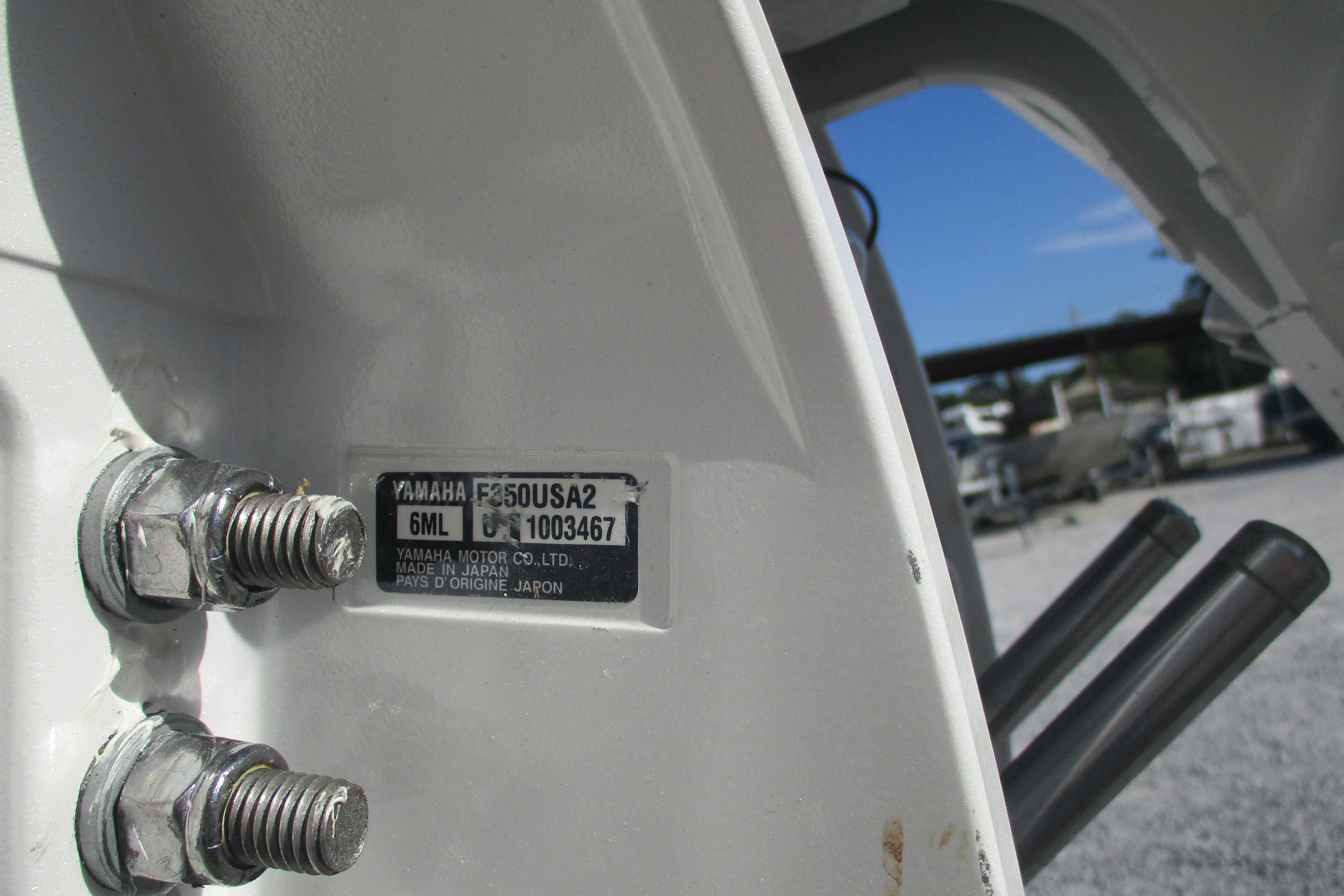 Close-up of Yamaha engine label on 2026 Sea Fox 328 Commander boat.