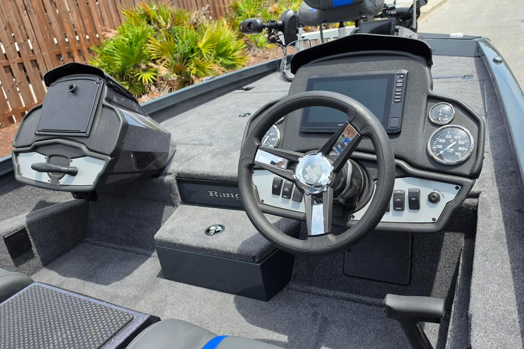 2026 Ranger RT188P boat dashboard with steering wheel, gauges, and control panel.