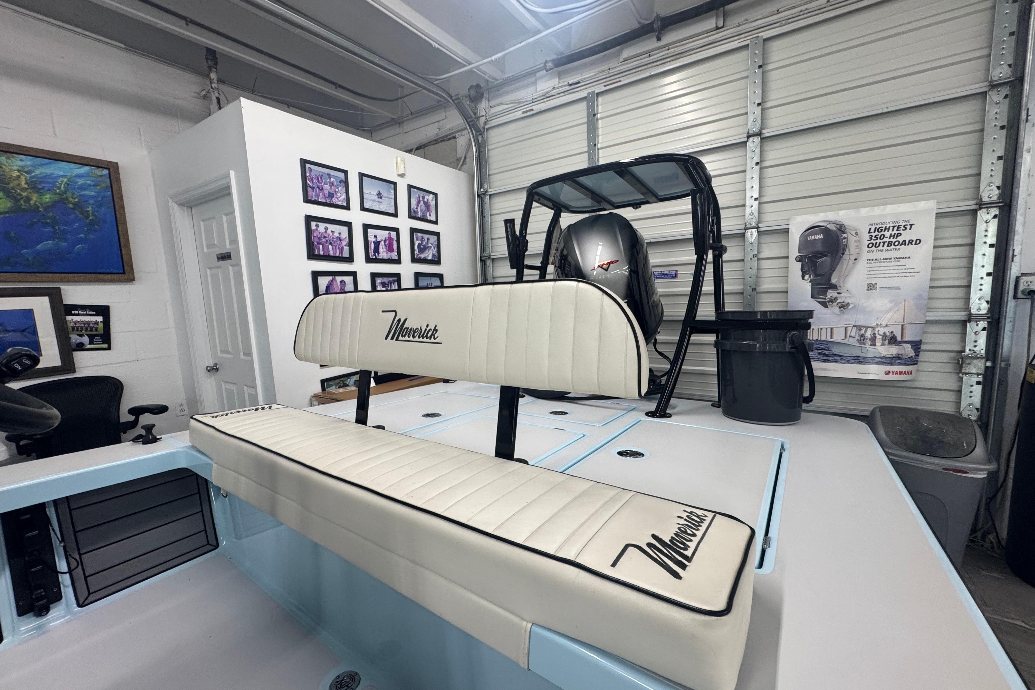 2020 Maverick Mirage 18 HPX-V boat in garage, featuring Yamaha outboard motor.