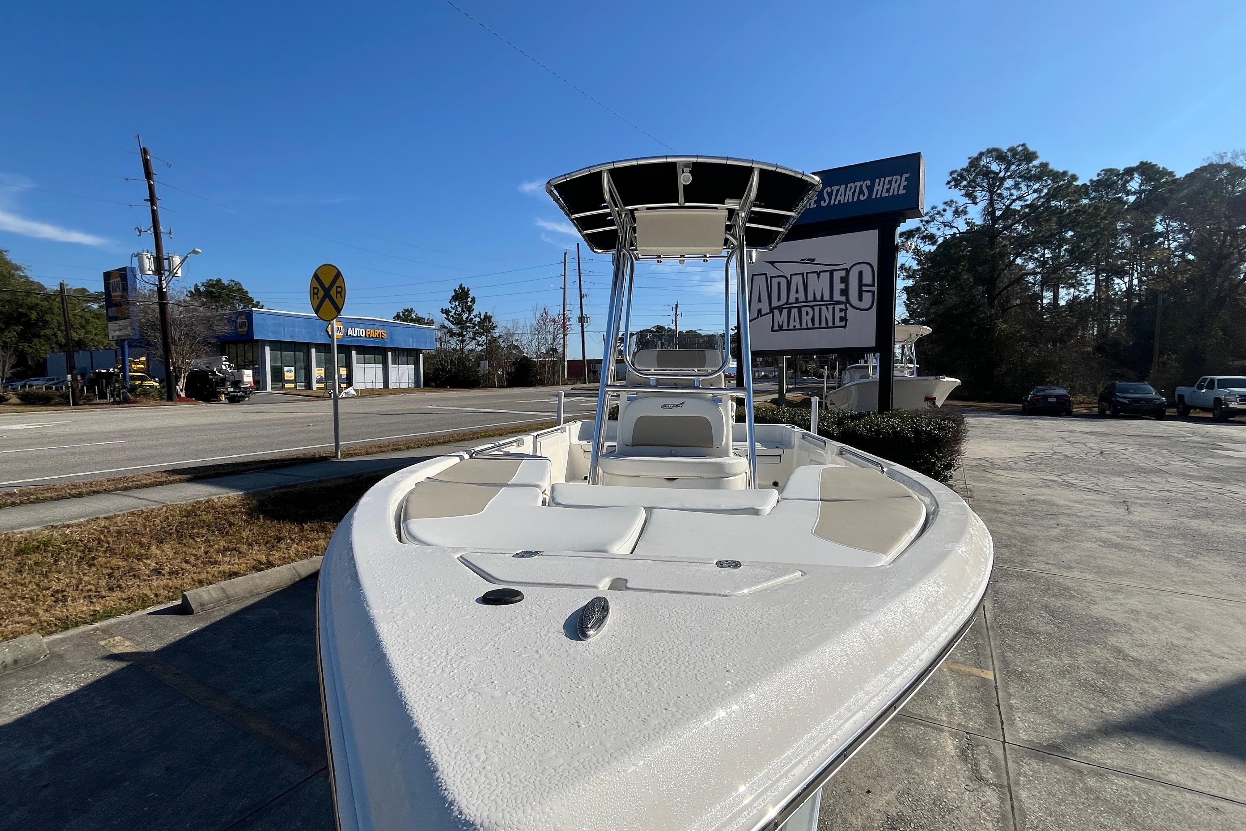2026 Bulls Bay 2200 boat displayed at Adamec Marine dealership.